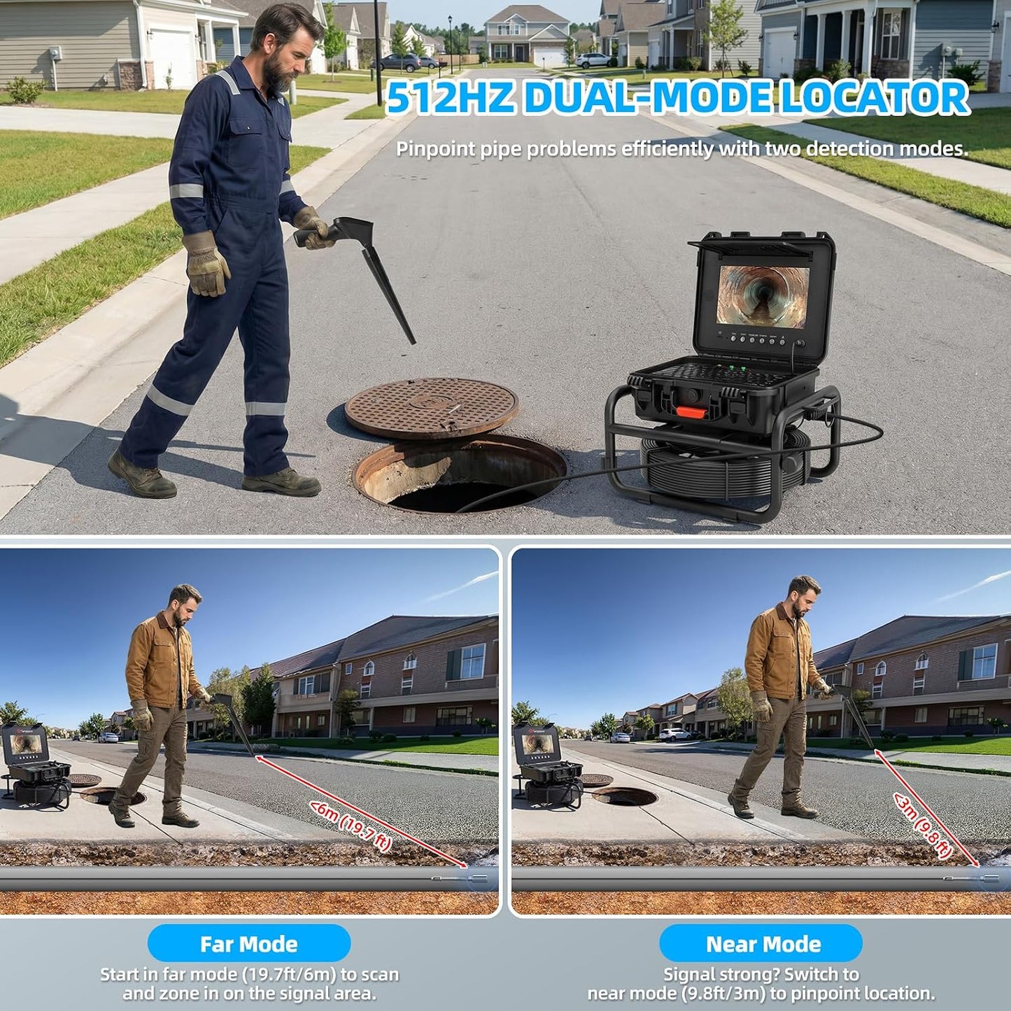 Sanyipace 512Hz Pipe Locator, Underground Pipe Detector with 3" Screen, Dual Modes & Adjustable Handle, Rechargeable Battery & Carrying Case for Sewer Camera Pipe Plumbing HVAC Inspection