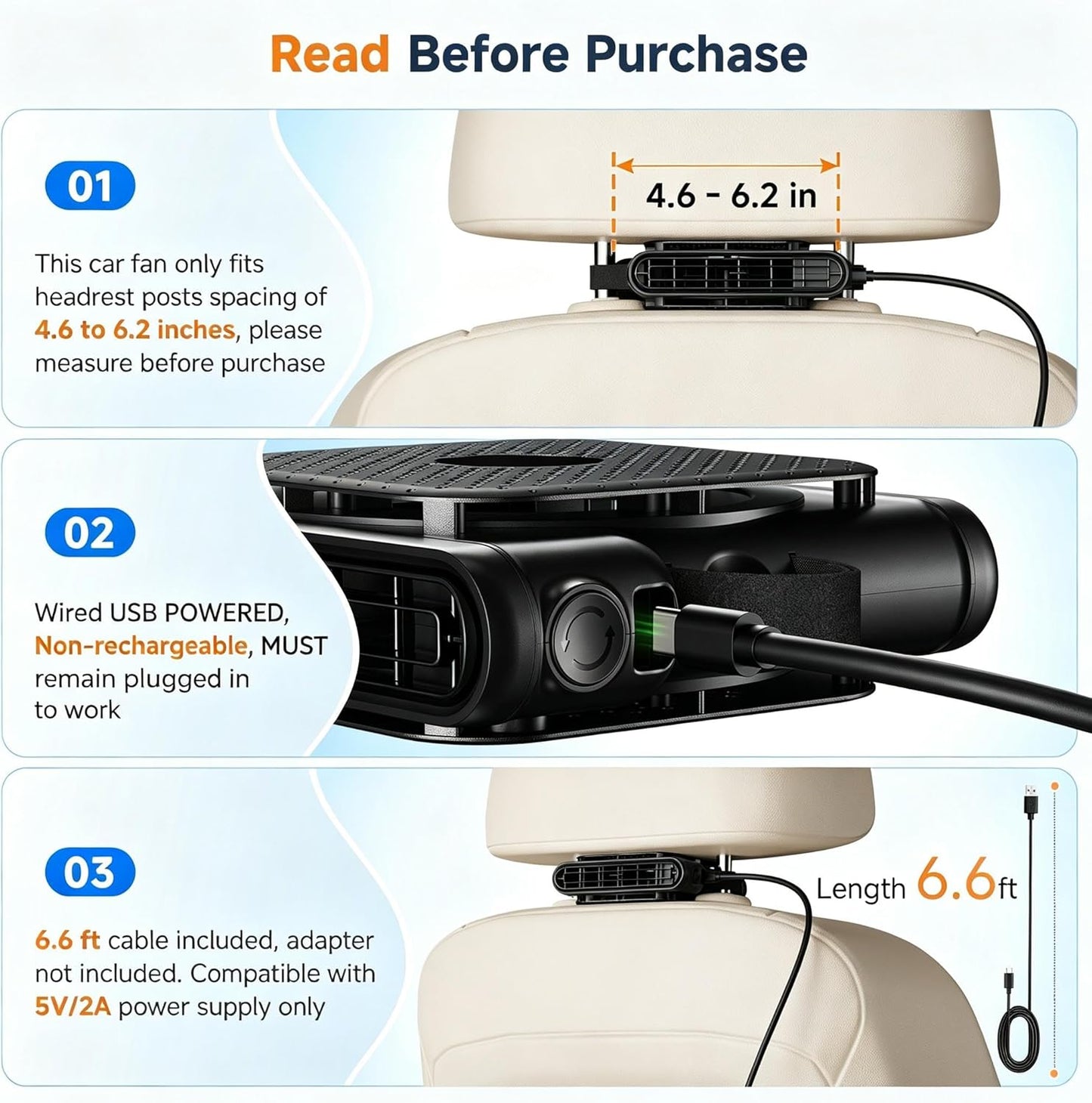 ElfTrip Car Seat Fan with Dual Air Outlets, Corded USB Car Fans for Kids for Driver Passenger, Stronger 3 Speeds, Forward or Backward Airflow, Fits in Most Car SUV (1 Pack No-Recharge Plug-in to Work)