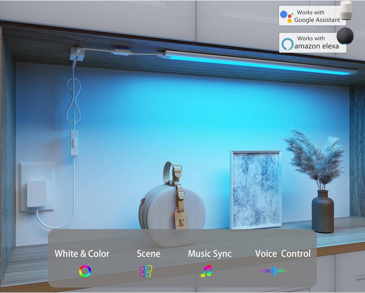 Smart Under Cabinet Lights, LED Light Bar, White & RGB Multi Color Changing Counter Lighting. Alexa Google App Controlled Lamp for Kitchen ,Shelf, Bookcase, above Sink, Desk (1-Bar 20 Inch Kit)