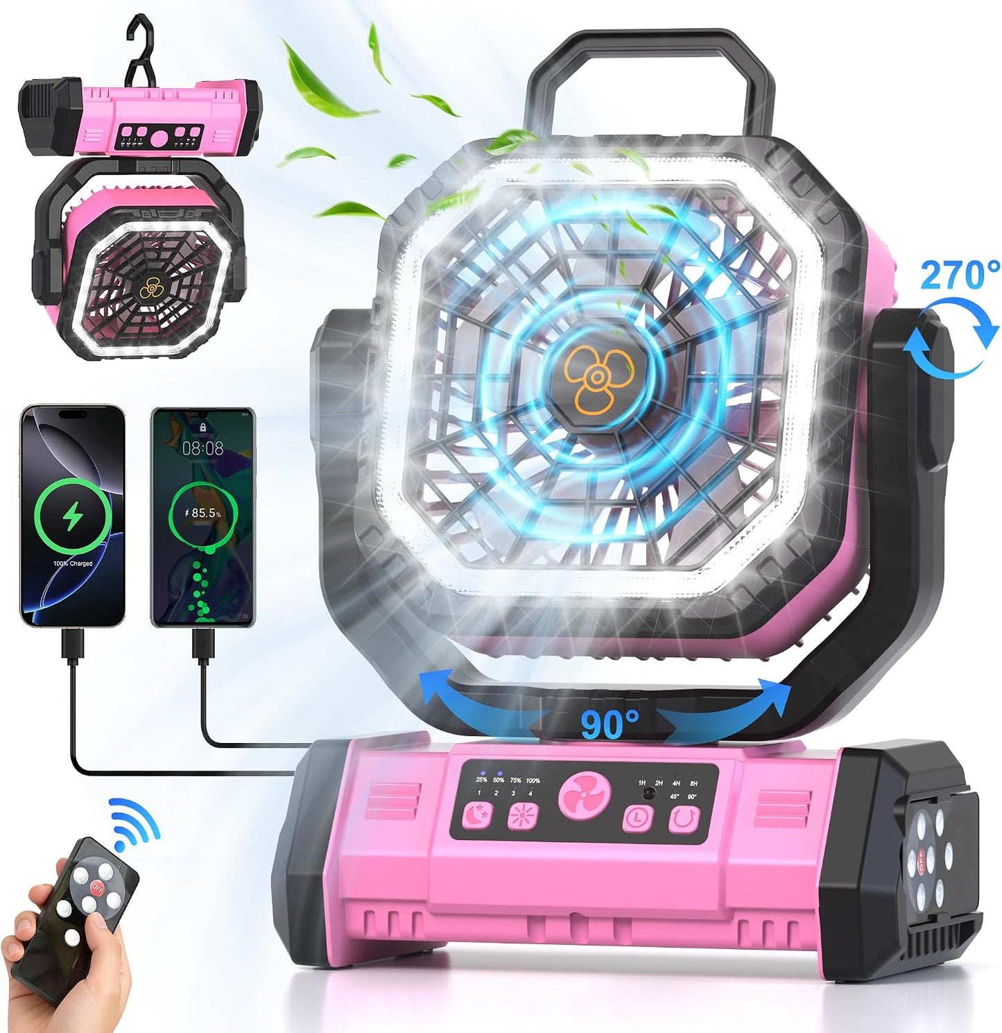 Honesorn 20000mAh Battery Operated Fan with LED Light & Remote, Pink | Up to 60H Runtime, 11-Inch, 45°/90°Oscillating, Hanging Hook, 4 Speeds, 8H Timer, USB-C Charging, for Tent, Travel, Outdoor