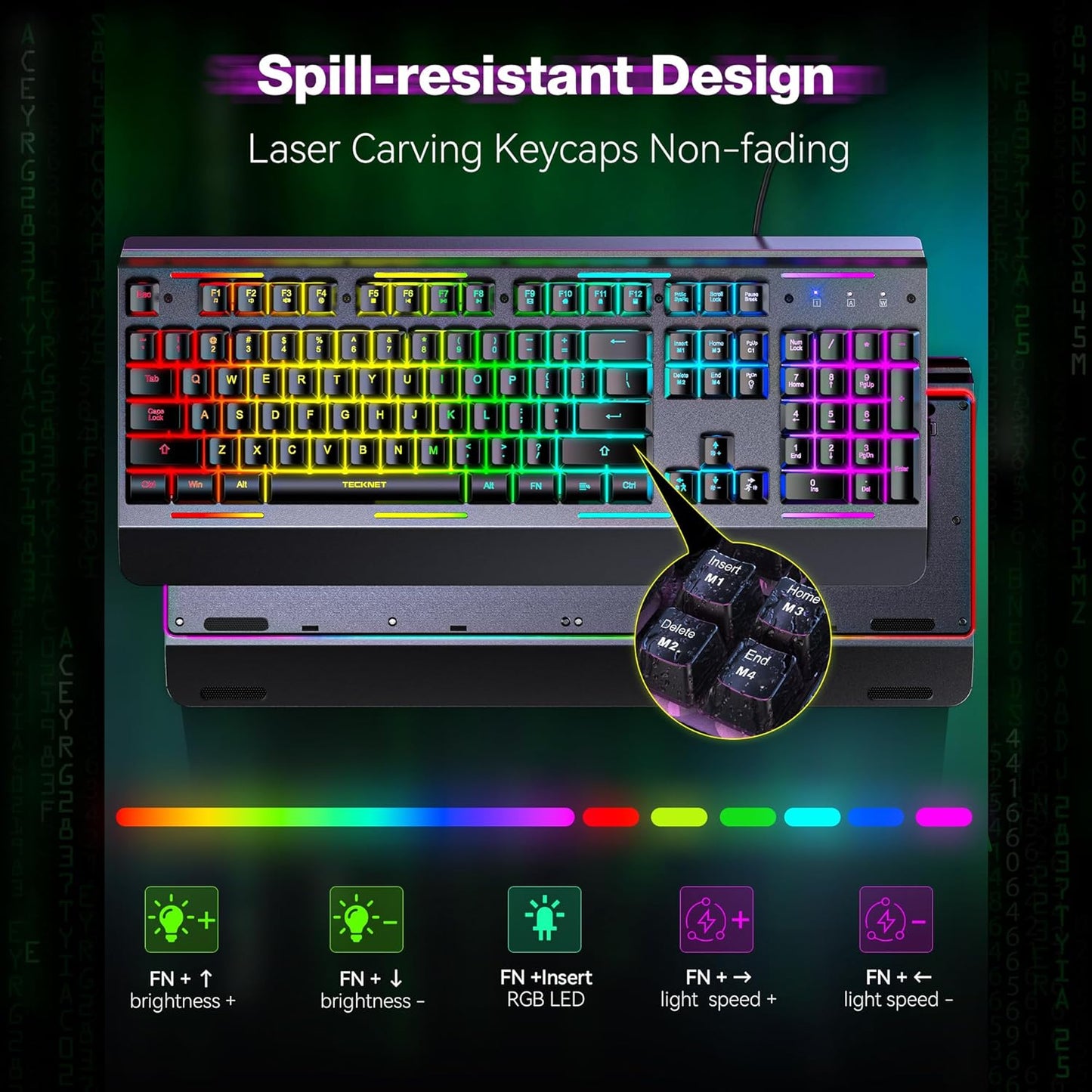 TECKNET Wired Gaming Keyboard, RGB Backlit Keyboard with Metal Panel Design | 15-Zone RGB Illumination, Whisper Quiet Design, IP32 Water Resistance, 25 Anti-ghosting Keys, Ergonomic Design