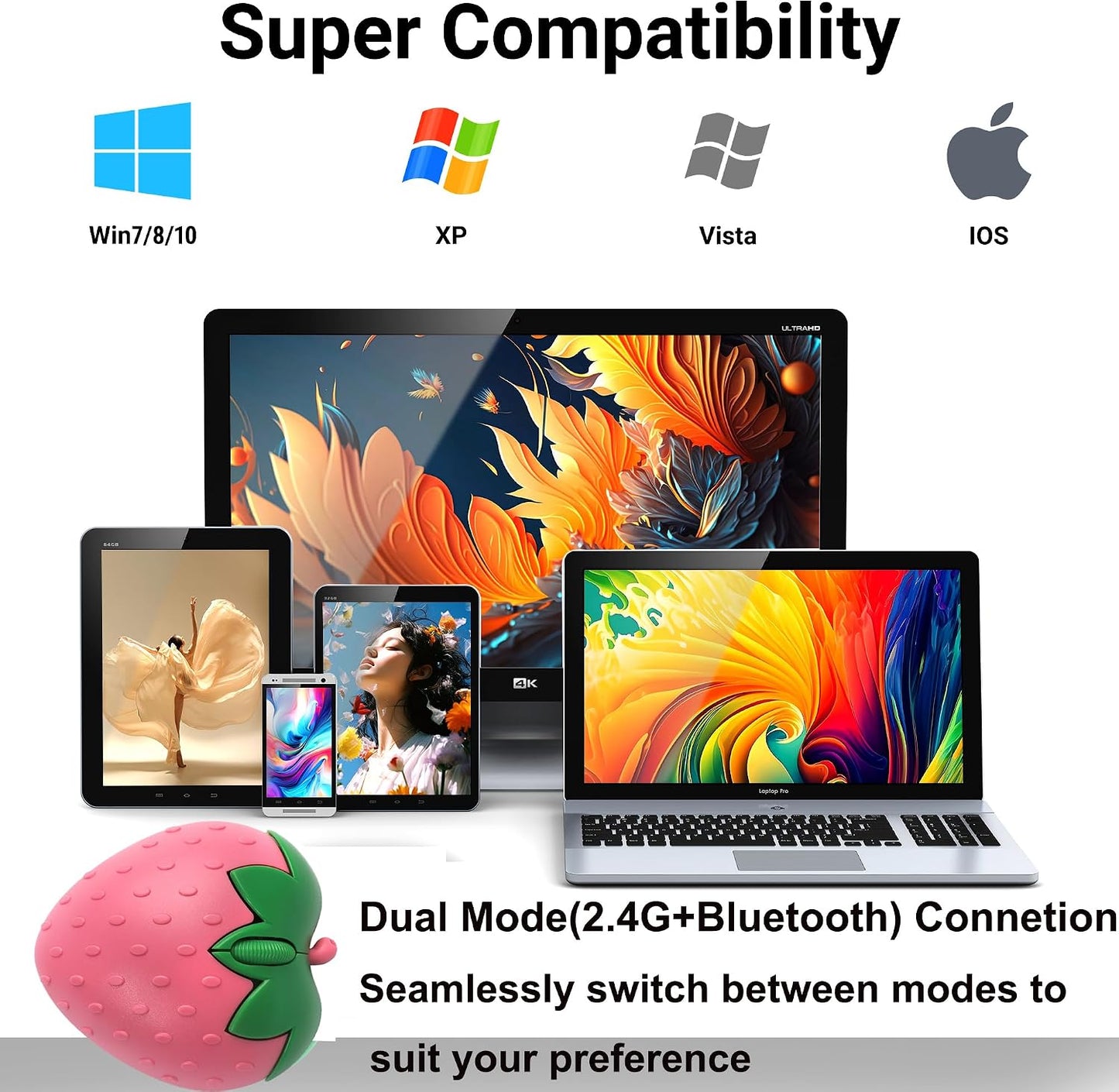 Wireless Bluetooth Mouse Cute Pink Fruit Strawberry Shape Silent Portable Lightweight USB Optical Cordless Dual Mode Mice for PC Laptop Computer Tablet Mac MacBook Pro Desktop Kids Girls Women Gift