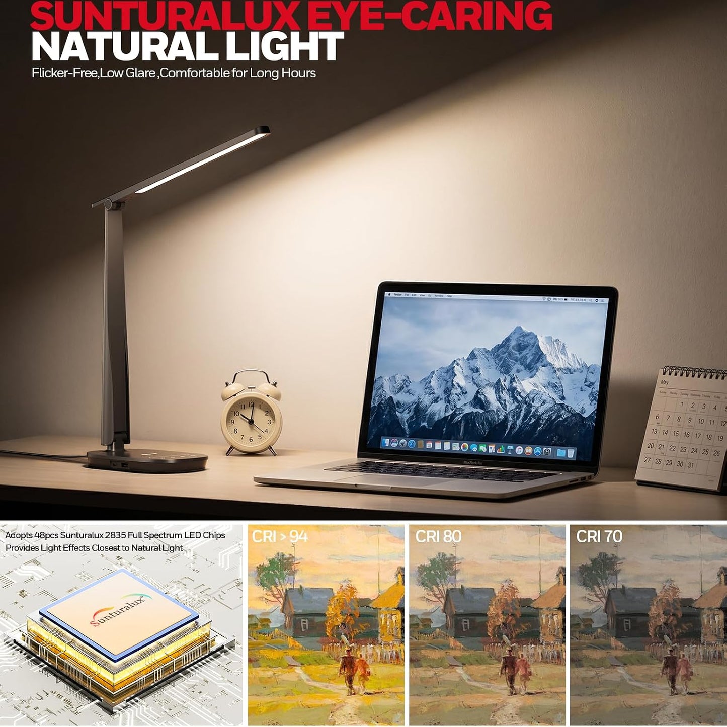 Honeywell LED Desk Lamp for Home Office Eye-Caring Dimmable Reading Light | CRI94,4 Color Modes,Touch Control,USB-A And USB-C Ports,Adjustable Head,Timer,Desk Light for Bedroom Bedside College Dorm
