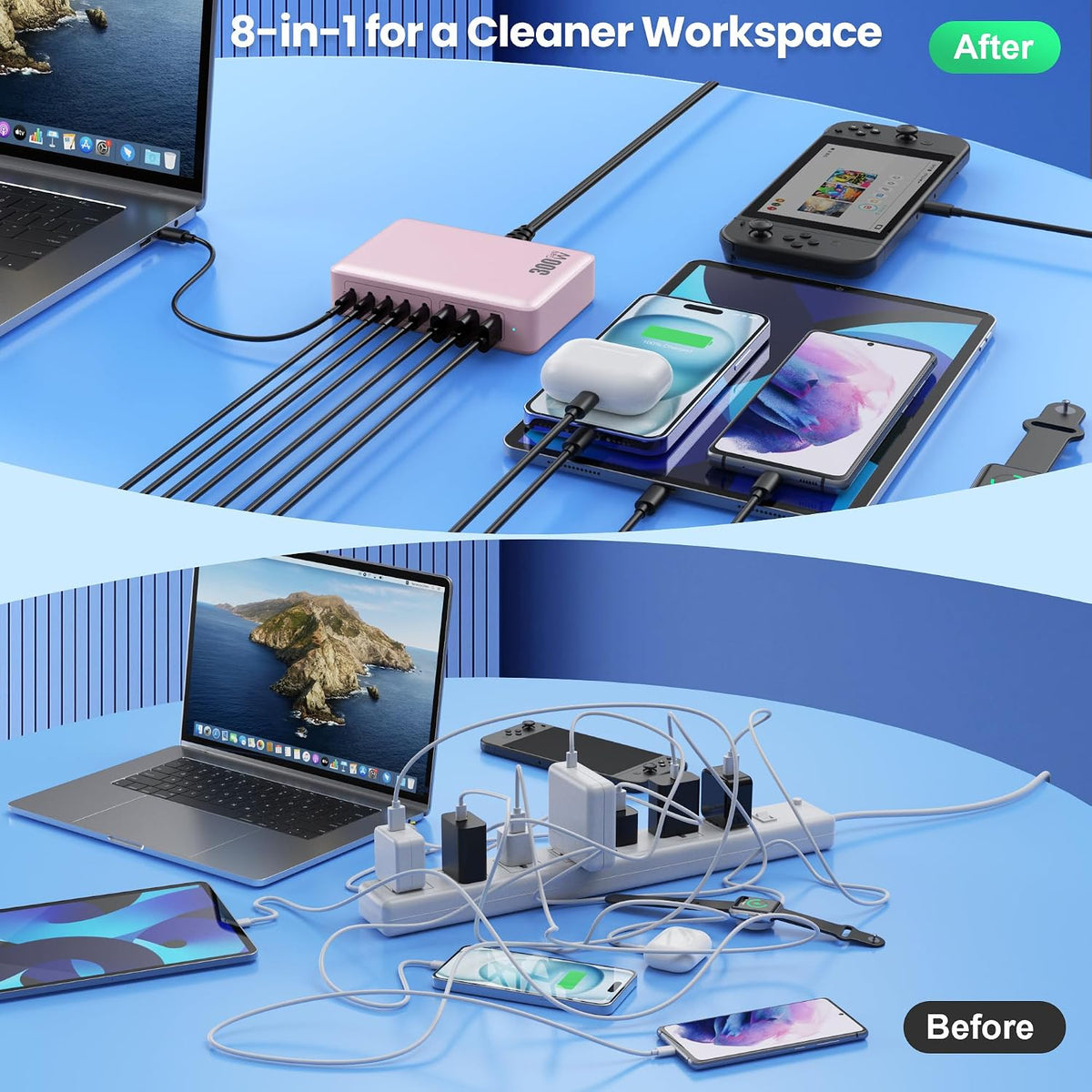 USB C Charger 300W USB C Charger Block, 8-Ports GaN IV Fast Charging Station Hub,PD 100W Laptop Charger Adapter,for MacBook Pro/Air/iPad/iPhone16/15/14/Apple Watch/DELL/Samsung for Home Office