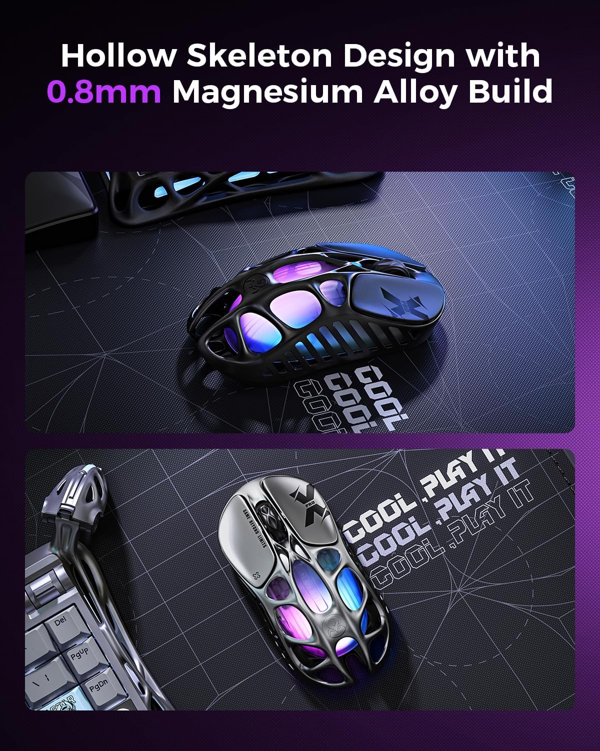 GravaStar Mercury X Pro Wireless Gaming Mouse, Come with 8K Dongle – 32,000 DPI PAW 3950 Sensor, 8,000Hz Polling Rate, Only 49g, Magnesium Alloy Hollow Frame, RGB Lighting, 5 Programmable Buttons