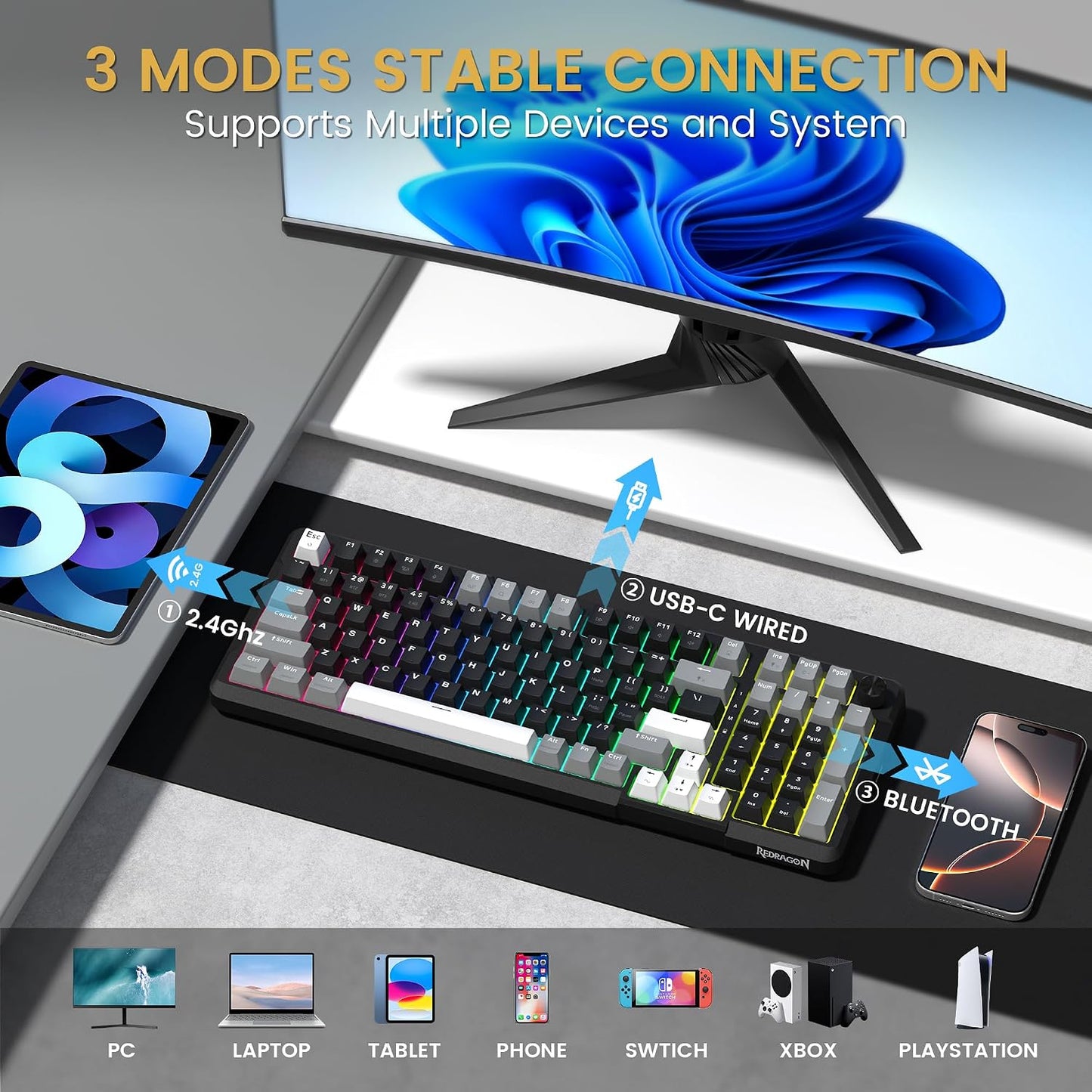 Redragon K742 Wireless Mechanical Gaming Keyboard with Knob for PC Computer | Bluetooth 5.0/2.4GHz/USB C Wireless Creamy Keyboard with Number Pad, RGB Backlits, Hot-Swappable with Linear Switches (Black)