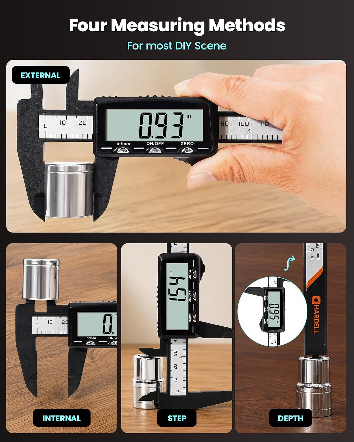 HARDELL Digital Caliper, Rechargeable Plastic Caliper with Type-C Cable | Large LCD Screen | Visual Charging | IN/MM Conversion | Auto-Off | Calipers for Household, Watch, Jewelry, DIY | 6 Inch
