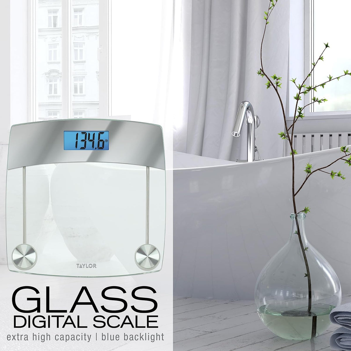 Taylor Digital Scales for Body Weight, Extra High 440 LB Capacity, Unique Blue LCD, Stainless Steel Accents Glass Platform, 12.4 x 12.4 Inches, Clear