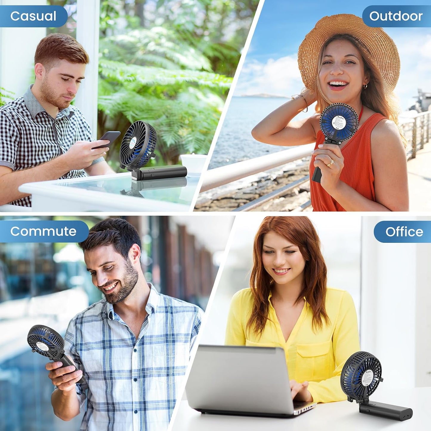 HandFan 5200mAh Portable Handheld Fan Rechargeable - 3 Speeds Foldable Personal Cooling, 2-IN-1 Hand Held Fan Battery Operated, 20H Runtime for Disney/Travel/Summer/Concerts/Women (Black&Blue)