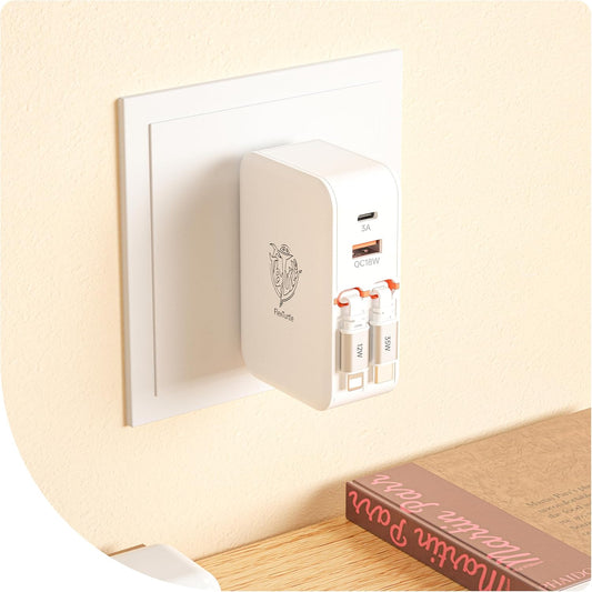 4-in-1 Retractable Wall Charger,35W Ultra-Compact Travel Charger | Built-in Dual 3.28ft Type-C & Older iPhone Charging Cables, USB-A + USB-C Ports, Foldable Plug for Travel