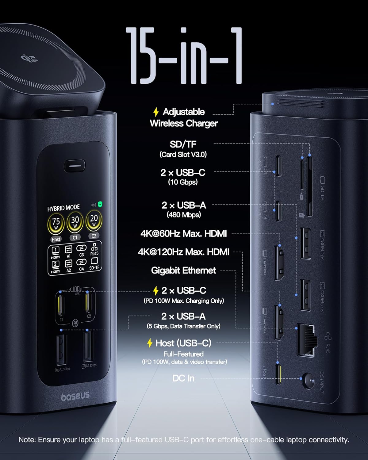Baseus Spacemate RD1 Pro, 15-in-1 Docking Station with Dual Monitor