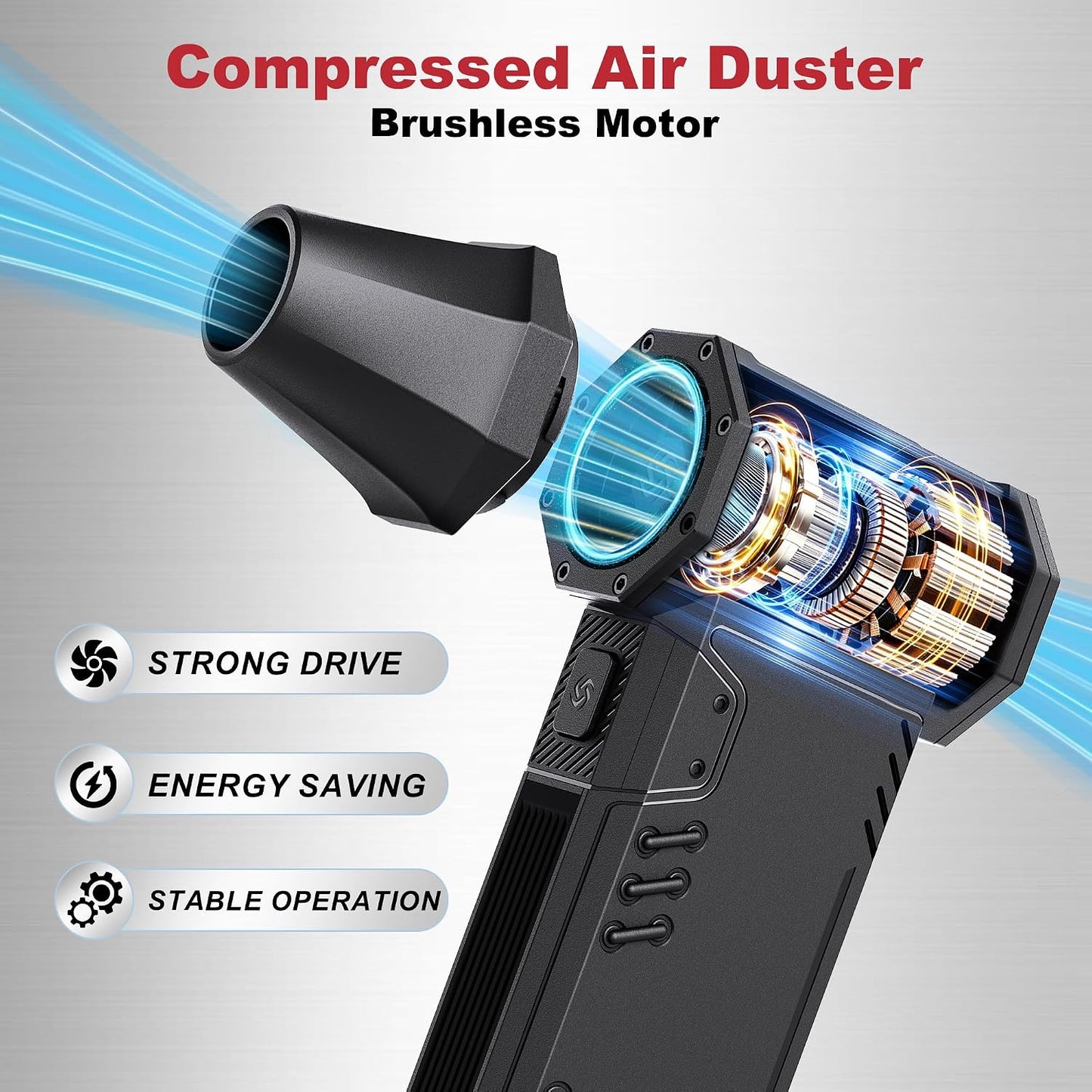 Compressed Air Duster,180,000RPM High Speed brushless Motor Mini Blower | 3-speed adjustable electric air duster with multiple nozzles , for cleaning car, keyboard, computer, home and outdoor.