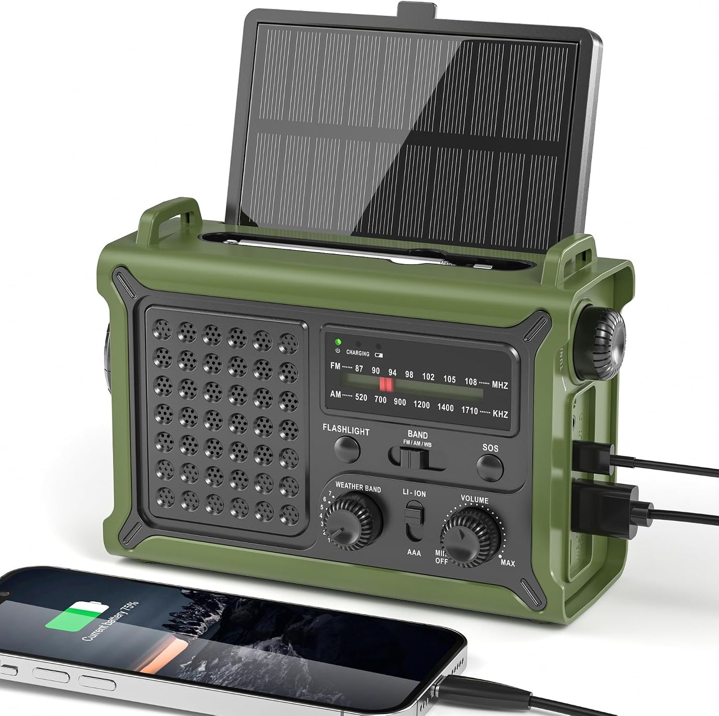 Solar Radio Emergency Hand Crank 12000mAh with Clear Signal | AM FM NOAA Weather Radio Battery Operated with 2-Mode LED Flashlight Cell Phone Charger Dual Outputs SOS