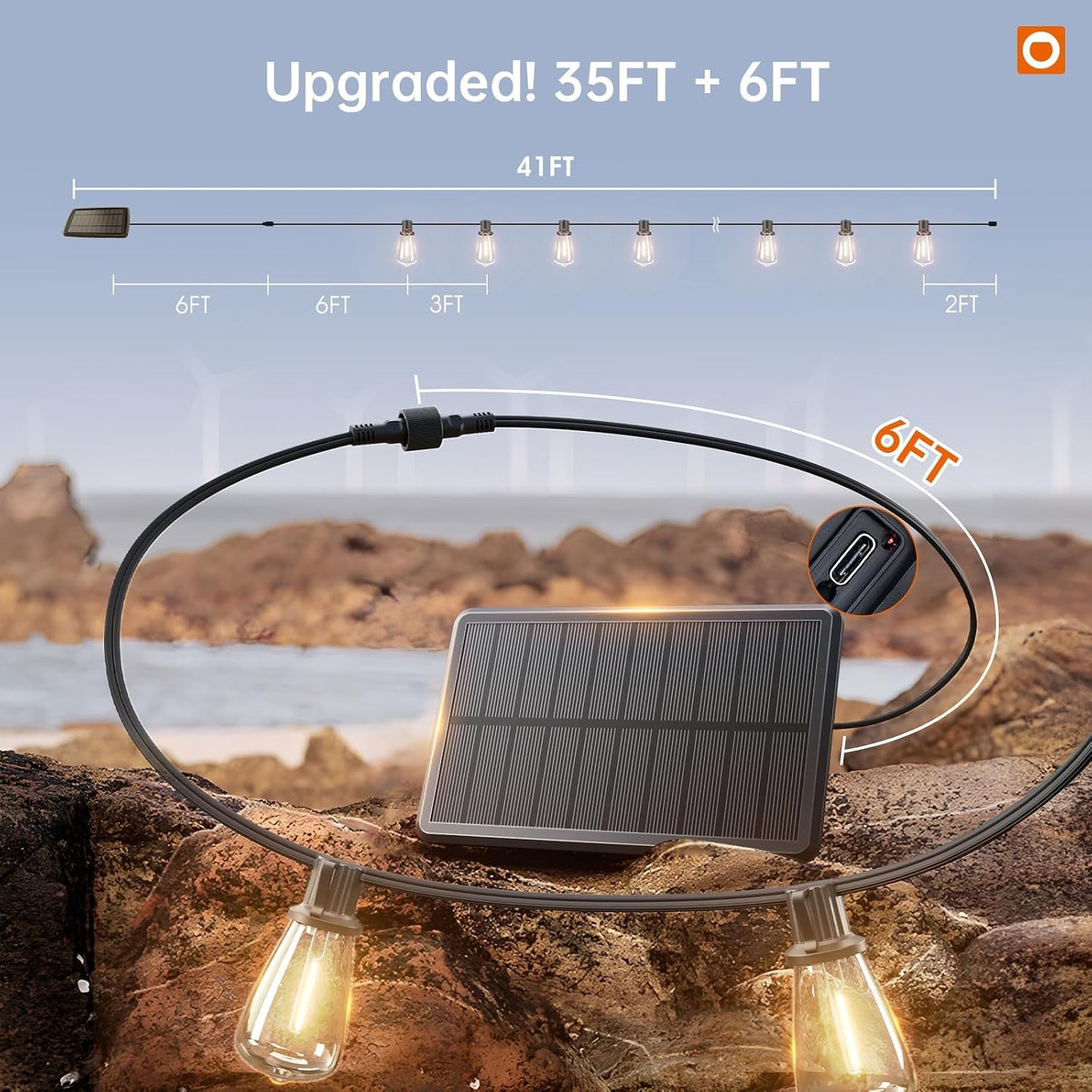 addlon 35FT Solar String Lights Outdoor Waterproof with Remote & USB Port | 10+1 LED Shatterproof Bulbs, Dimmable Solar Light Outdoor for Camping Backyard Bistro Porch