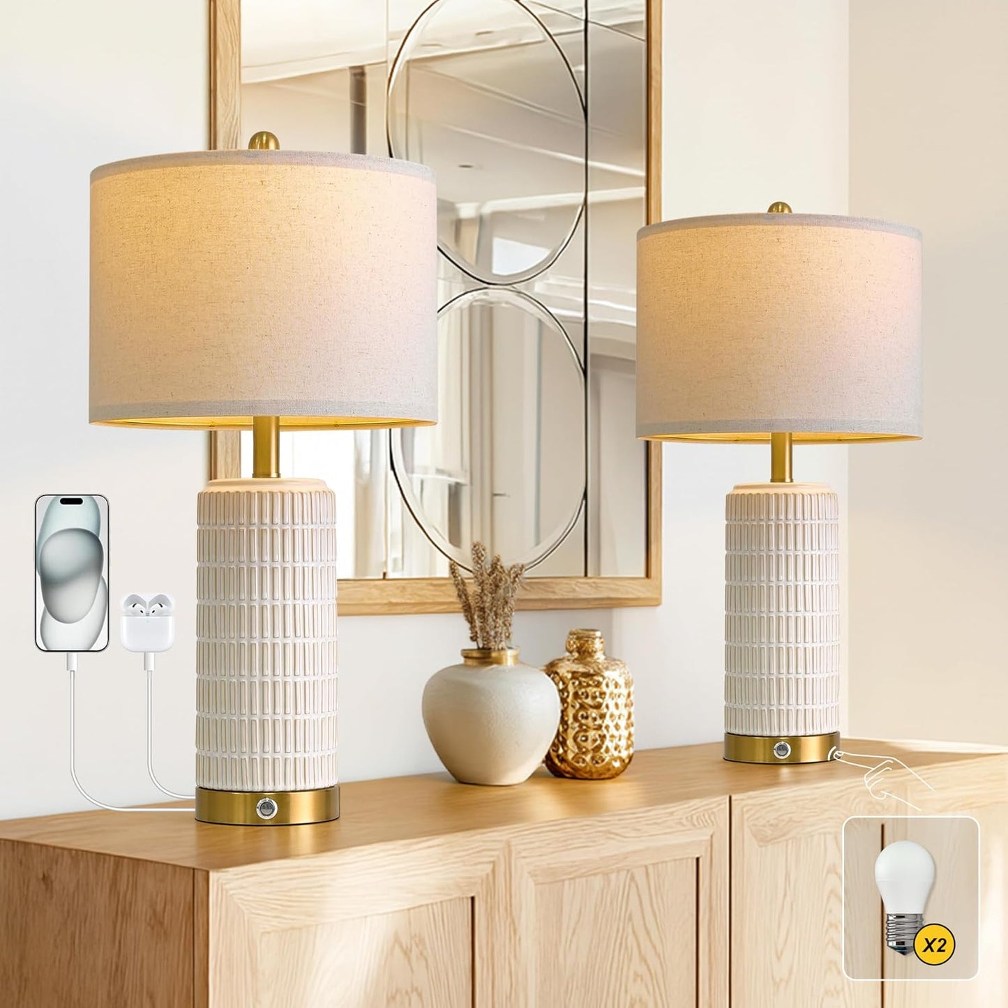PoKat Touch Bedside Table Lamps with 2 USB for Bedroom Living Room, 25'' | Nightstand lamps Set of 2, 3 way dimmable with 2 bulbs, durable white ceramic, farmhouse & modern style for side table
