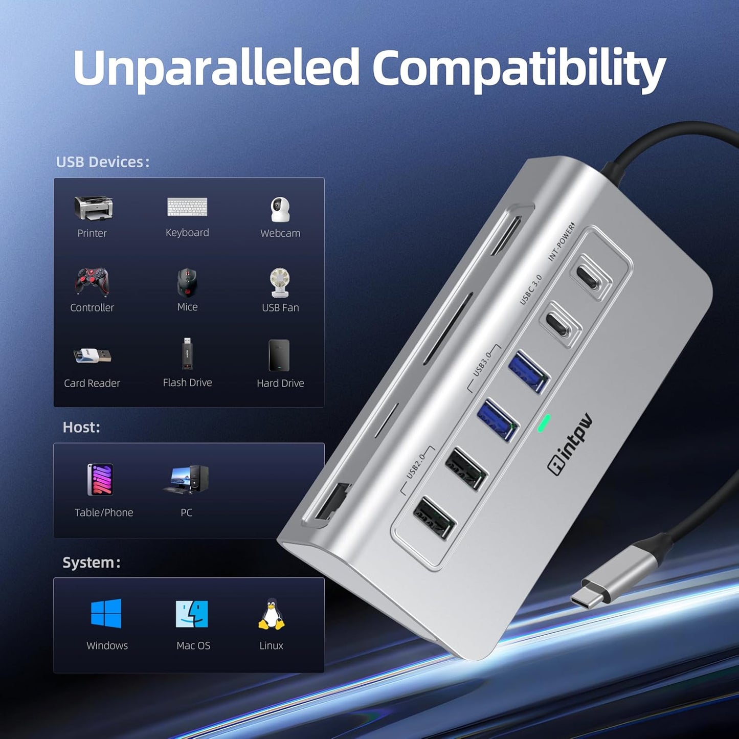 intpw 10-in-1 USB C Hub, P9R Powered USB Hub with 4K HDMI, 3 USB 3.0 5Gbps, PD 100W, 1Gbps Ethernet, SD/TF, Aluminum USB Hub for Laptop, MacBook Pro/Air, iPad Pro, iPhone 17, Dell, HP