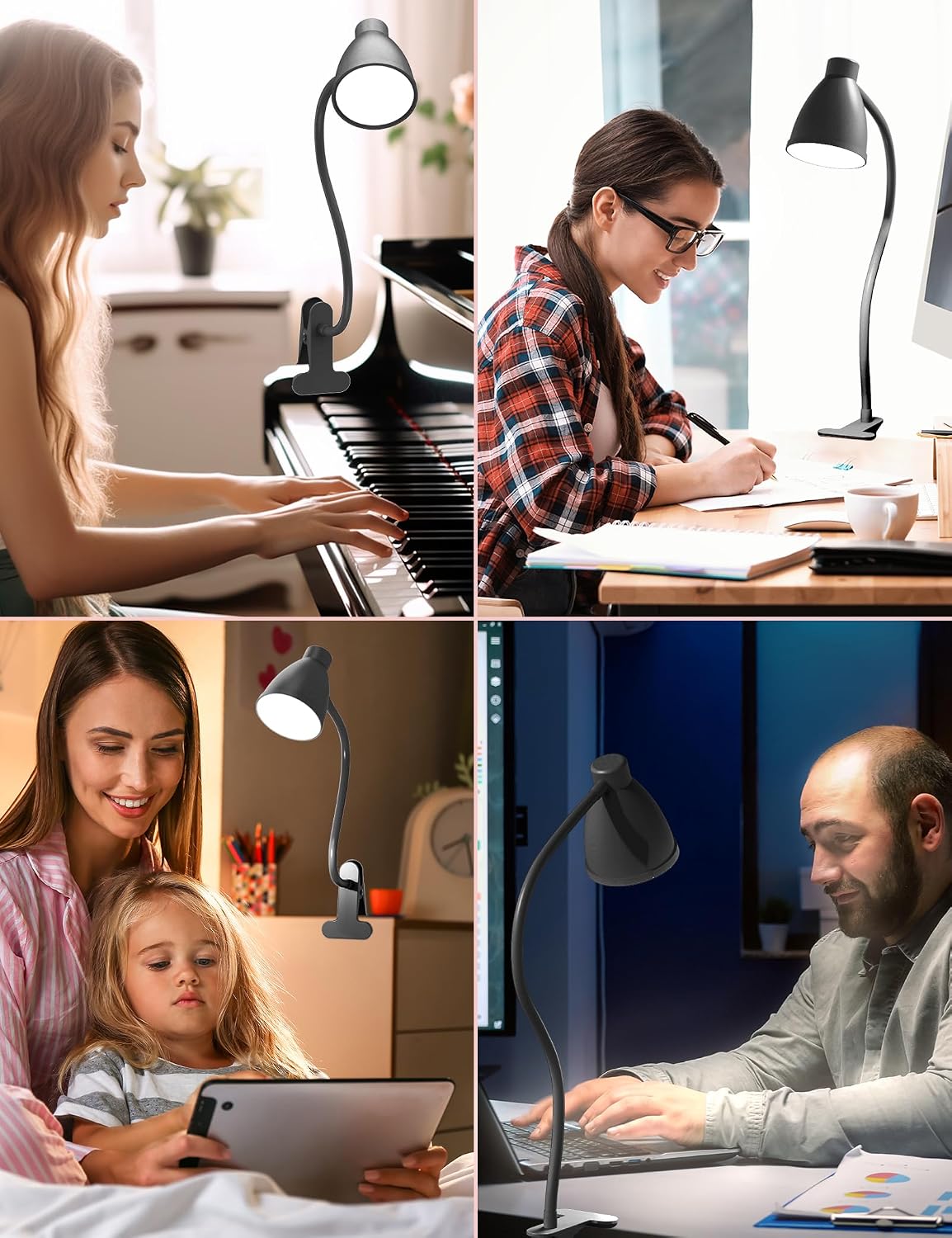 BOHON Desk Lamp 5 Color Modes 10 Brightness Dimmer Reading Light Black | 10W 38 LED Clamp Lamp with Auto Off Timer 360° Flexible Neck Clip on Light for Bed Bedside, AC Adapter Include