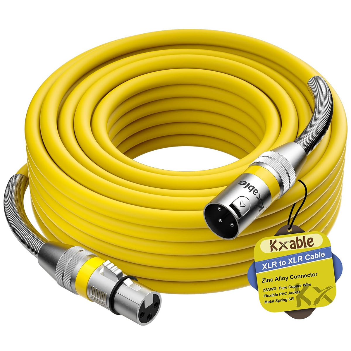 Kxable XLR Microphone Cable 75 FT, XLR Male to Female Balanced Mic Cable, 3-Pin Shielded Speaker Cord, Zinc Alloy Connectors, 22AWG Pure Copper, Metal Spring SR, Recording Studio, Podcast, Yellow