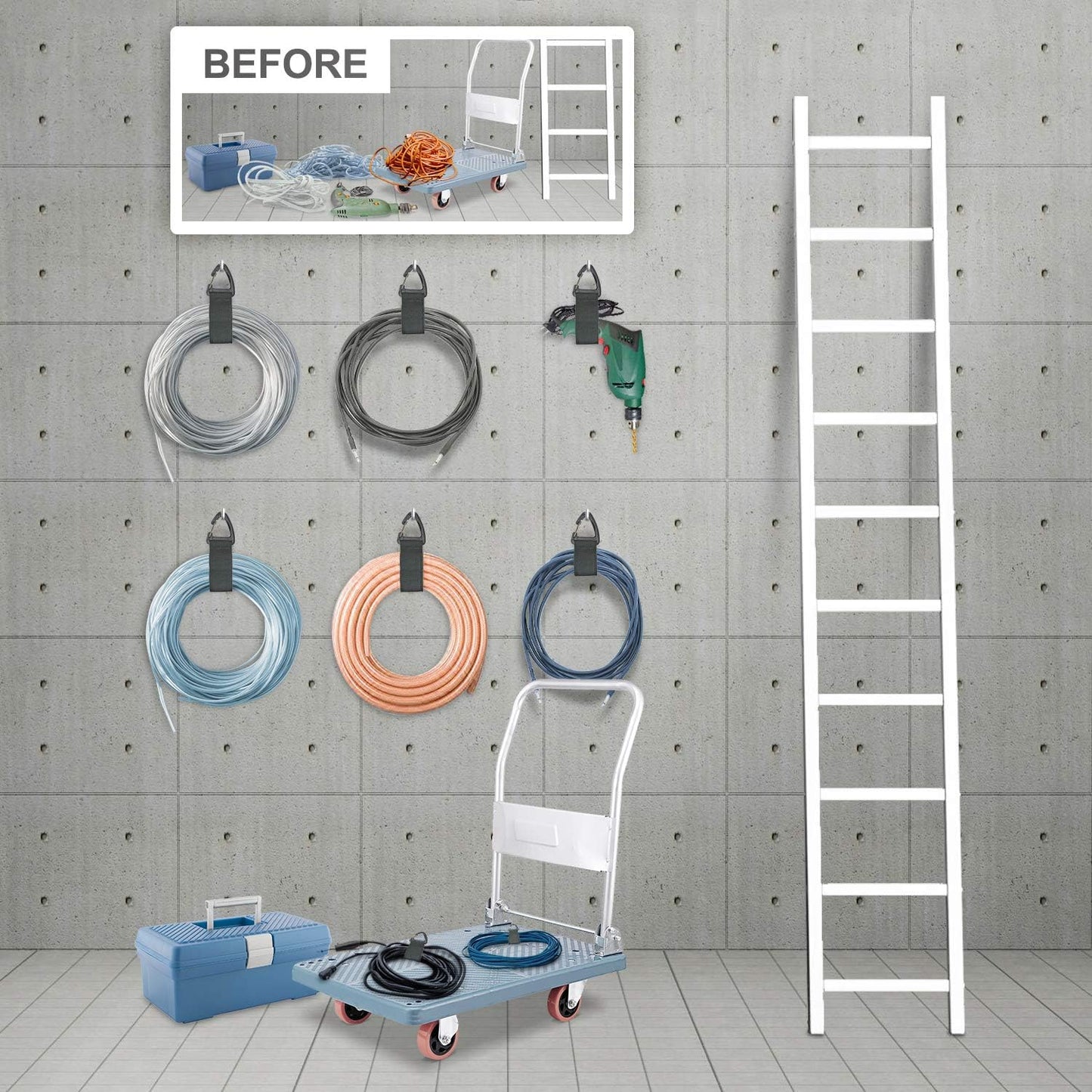 ZTSXLLIM Extension Cord Organizer Garage Organization with Carabiner 8 Pack | 16-Inch straps, Holds Up to 50 lbs, Hose holder, Carabiner Clip, Heavy Duty, For House, For Yard, For Storage, For Workshop
