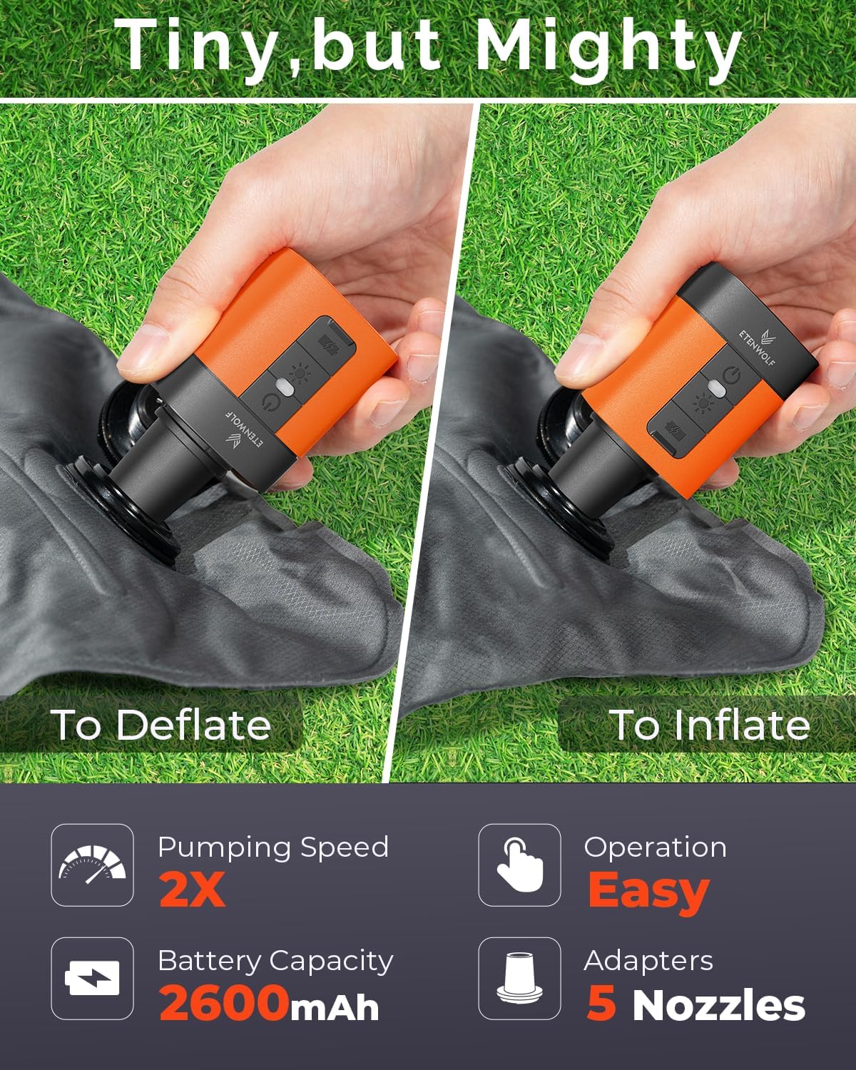 ETENWOLF AIR 3 Air Pump for Inflatables with 2600mAh Battery& Camping Light | Ultra-Fast and Mini Electric Air Pump, Inflate Deflate for Air Mattress, Pool Floats, Vacuum Storage Bags