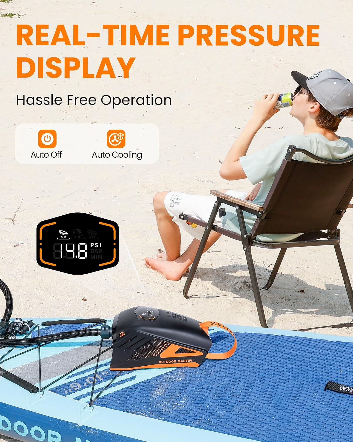 OutdoorMaster Shark 3 Paddle Board Pump Electric 74Wh- 3'50" Fast Inflation | 74Wh Rechargeable SUP Air Pump, One Charge for 4 SUPs,12V/15.8V DC Input, Digital Display, 20PSI, Auto-Off, 8 Nozzles
