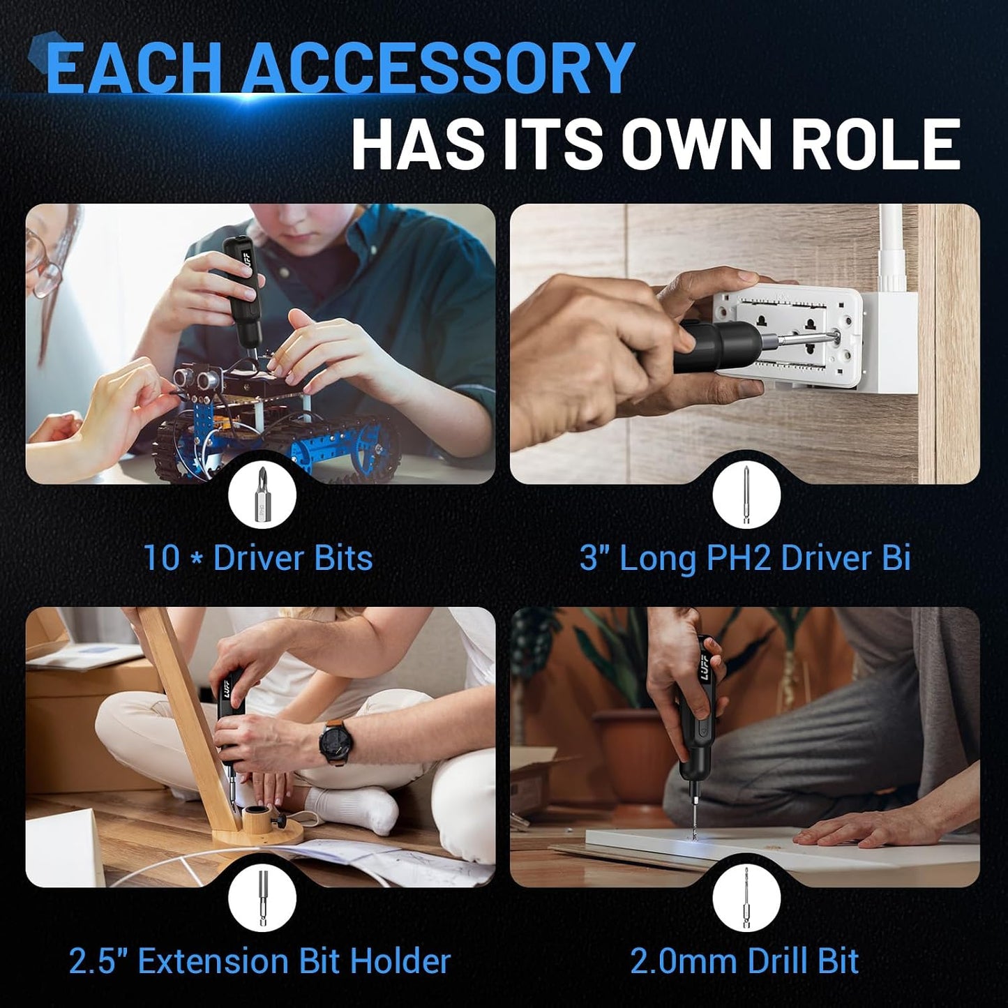 Electric Screwdriver Set,4V Cordless Rechargeable Screwdriver with 250 RPM Powerful Motor, USB-C, LED, 1 Drill Bit, 12 Bits for Furniture/Electrical