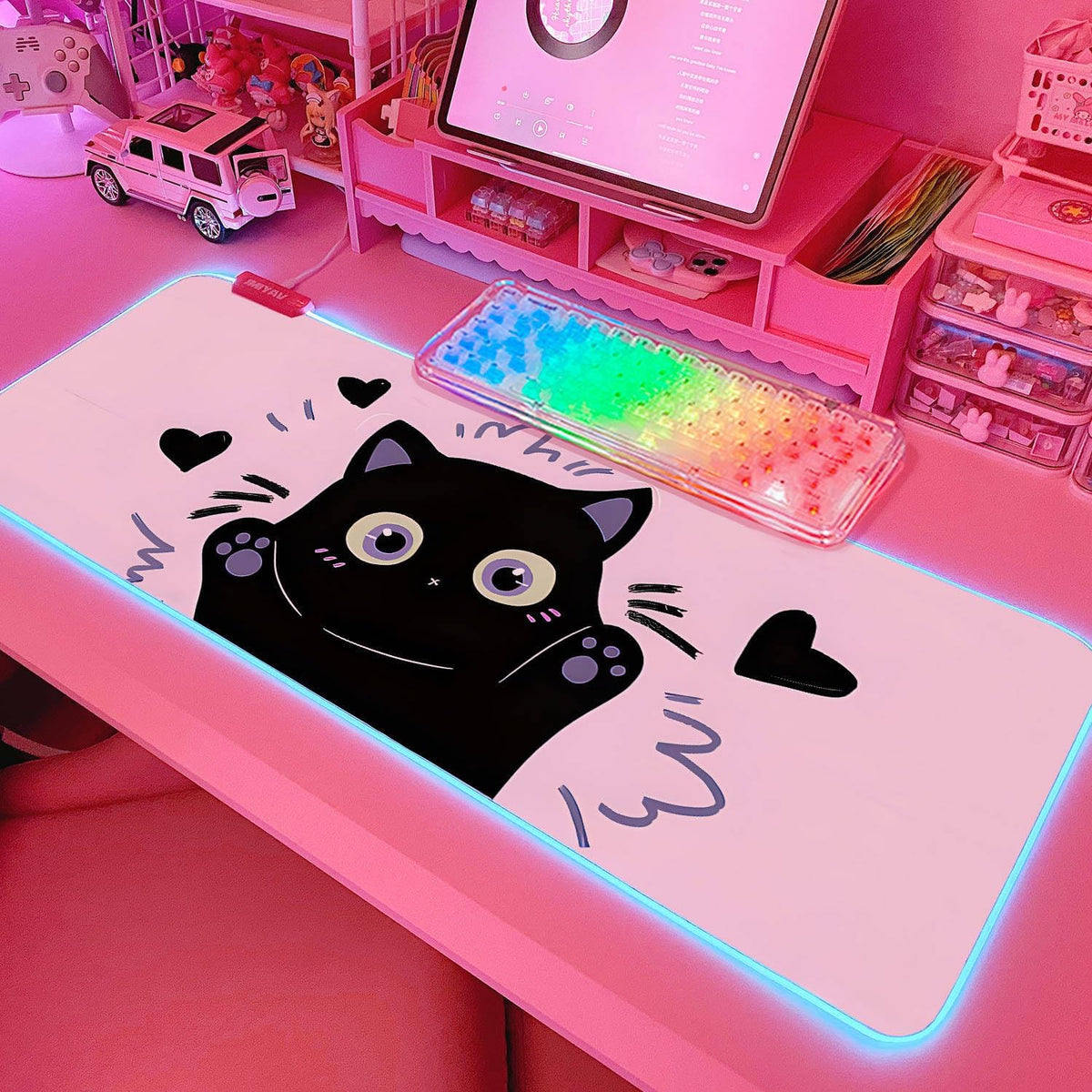 JMIYAV Pink RGB Gaming Mouse Pad 31.5x12 Inch PC XL Large Extended Glowing Led Light Up Desk Pad Non-Slip Rubber Base Computer Cute Mousepad Mat Desk Accessories Gaming Setup Love Shock