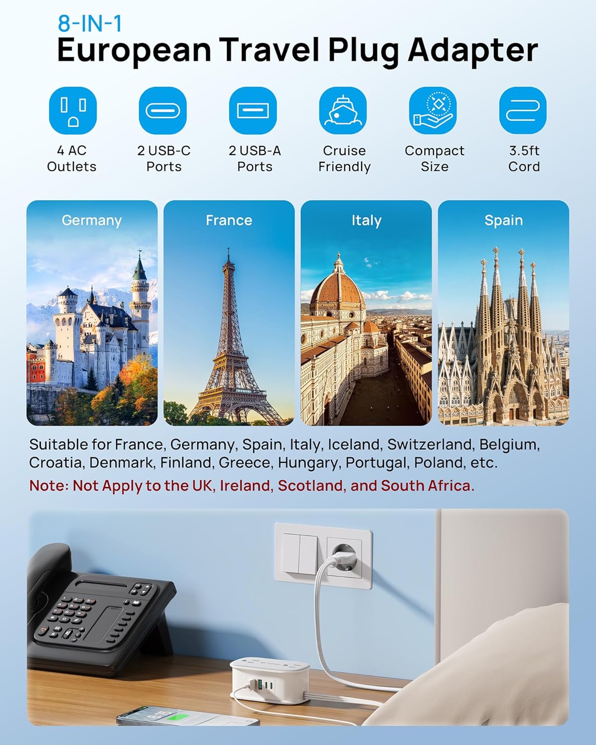 TROND European Travel Plug Adapter with 4 AC Outlets and 2 PD 20W USB C | US to Europe Plug Adapter, 3.5ft Type C Plug Adapter, Travel Essentials for France Italy Germany Spain Iceland Greece