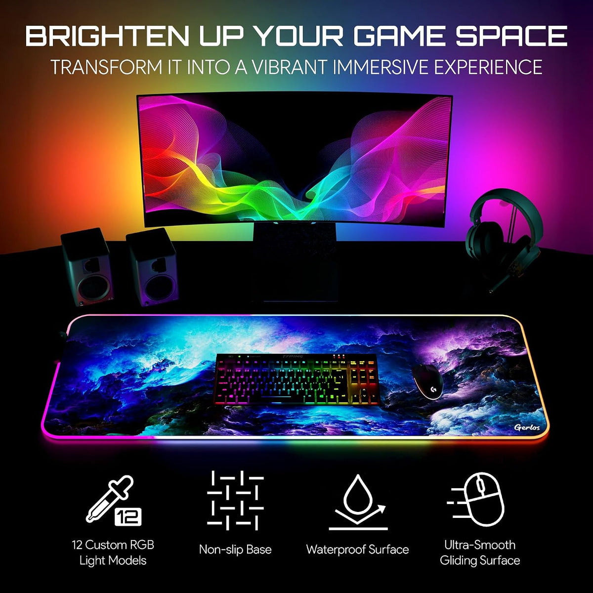 RGB Gaming Mouse Pad, Large LED Desk Mat, 31.5 x 11.8 Inch | 12 light modes, non-slip base, water-resistant surface, stitched edges