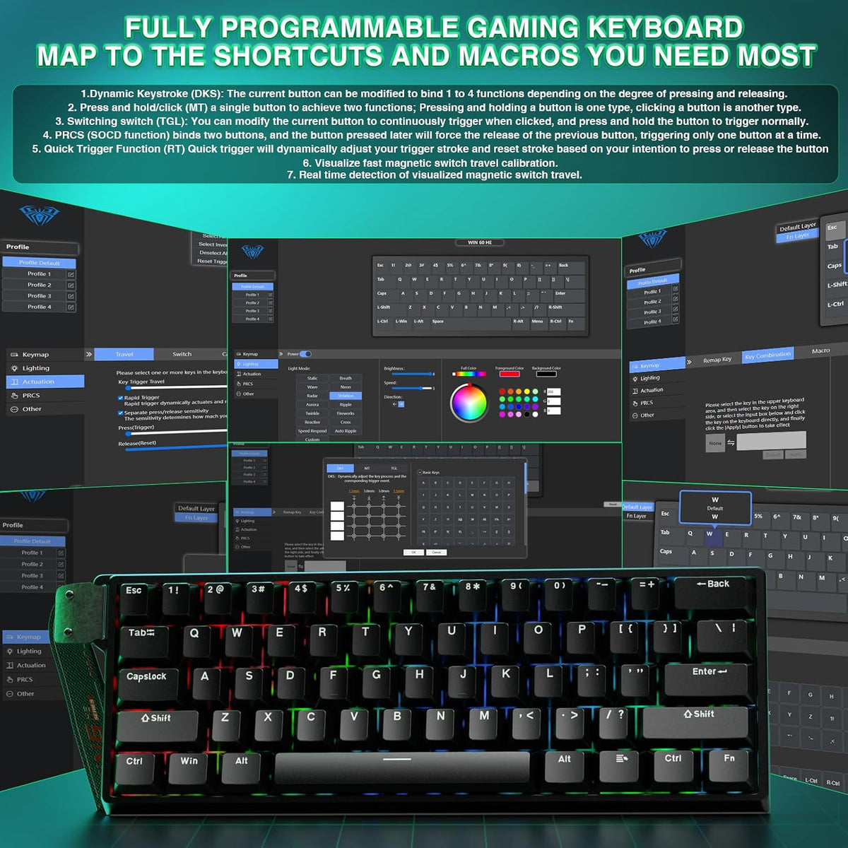 Aula WIN60 HE - 60% Mechanical Gaming Keyboard Wired, Magnetic Switch Hot Swappable, Adjustable Actuation Rapid Trigger Mode, 8000 Hz Polling Rate, RGB Small Keyboard 60 Percent Compact Design for PC