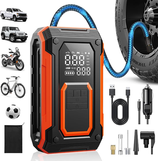 Tire Inflator Portable Air Compressor Cordless Air pump for Car Tires | 4 × Fast Inflation 35L/Min, Digital Dual Display, Auto Shutoff, LED Light, for Car, Motorcycle, Bike, Pickup Truck and Balls