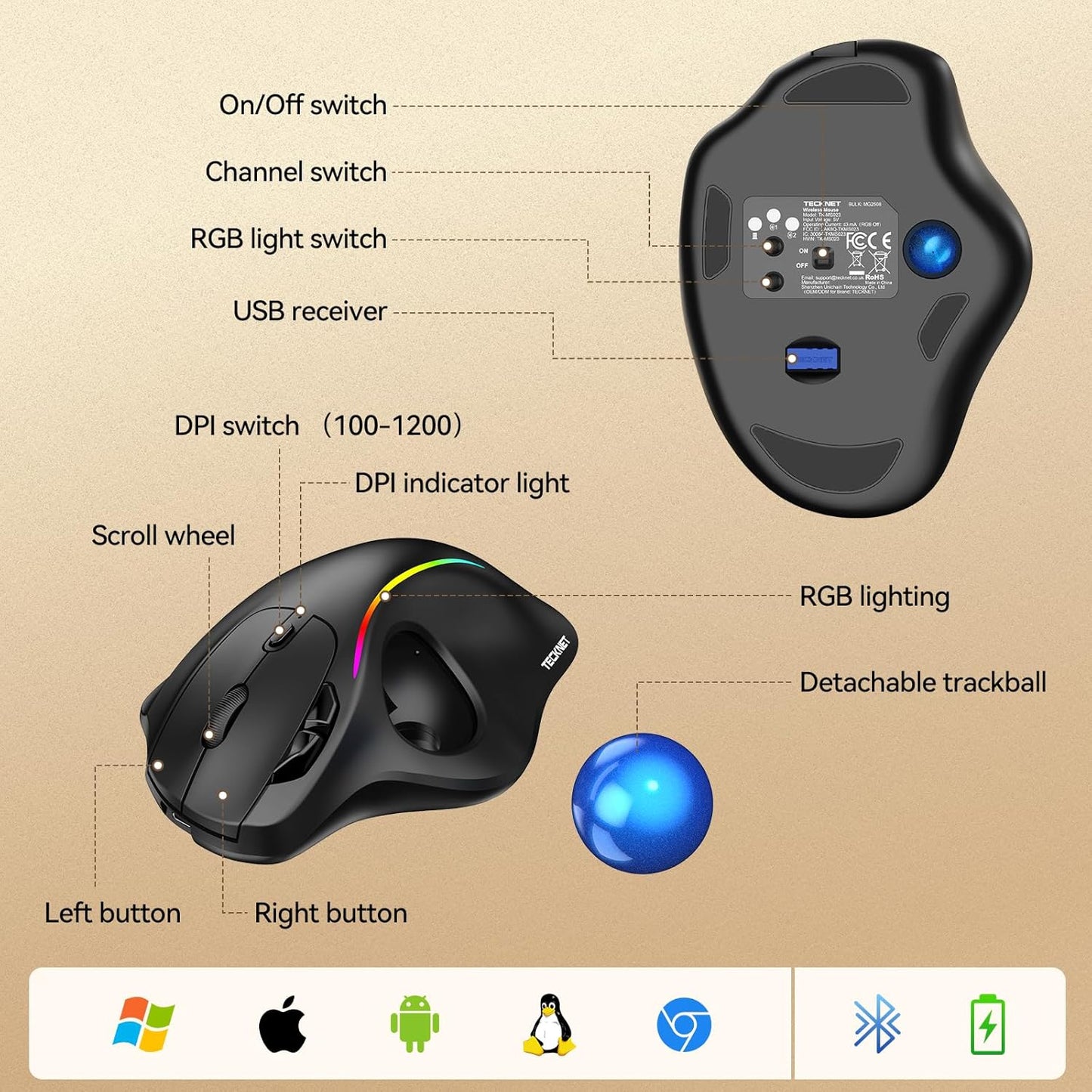 TECKNET Wireless Trackball Mouse, Bluetooth Mouse with Ergonomic, Black | 3-Device Connectivity (Bluetooth & 2.4G), 5 Adjustable DPI, RGB Lighting, PC, Mac & Laptop Compatible