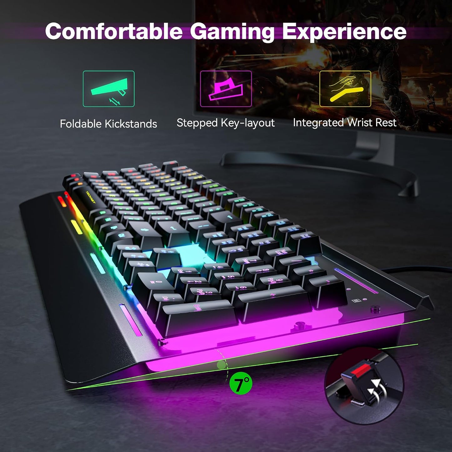 TECKNET Wired Gaming Keyboard, RGB Backlit Keyboard with Metal Panel Design | 15-Zone RGB Illumination, Whisper Quiet Design, IP32 Water Resistance, 25 Anti-ghosting Keys, Ergonomic Design