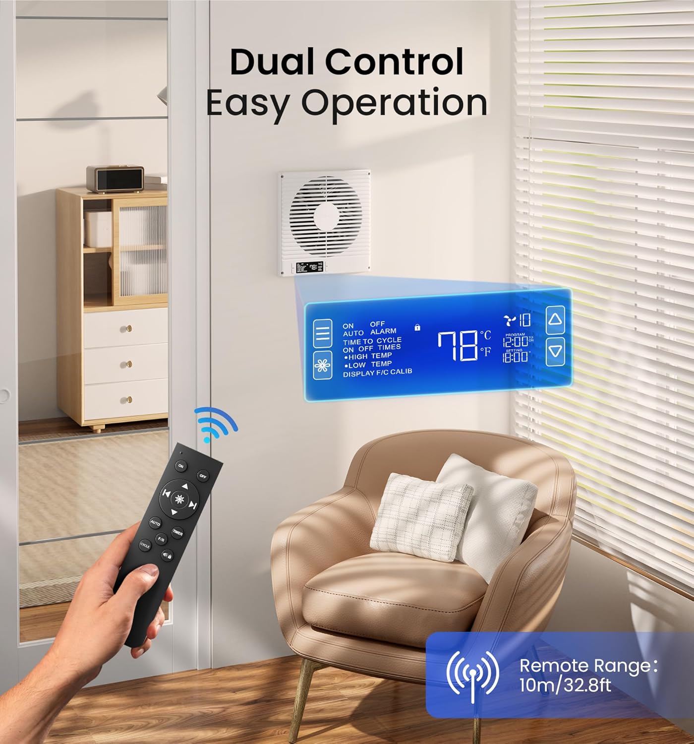 KOVIET 8" Room to Room Ventilation Fan with Remote, Quiet Reversible Through the Wall Air Transfer Fan, 10-Speed Smart Exhaust Vent, Temperature Control, ETL Certified for Bedroom, Kitchen, Laundry