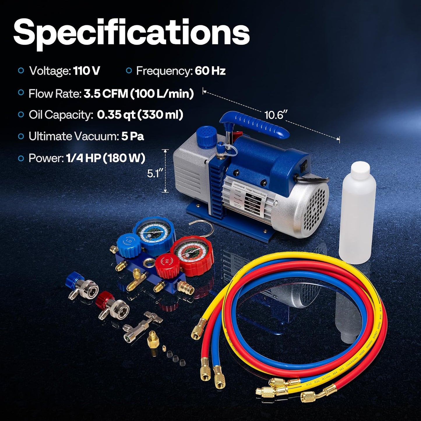 VIVOHOME 1/4 HP 3.5CFM 1 Stage AC Vacuum Pump and R134a Manifold Gauge Set | 110V HVAC Vacuum Pump Kit with 5ft Hoses for R134a R12 R22 R502 Auto Mini Split Air Conditioning Refrigeration Recharging