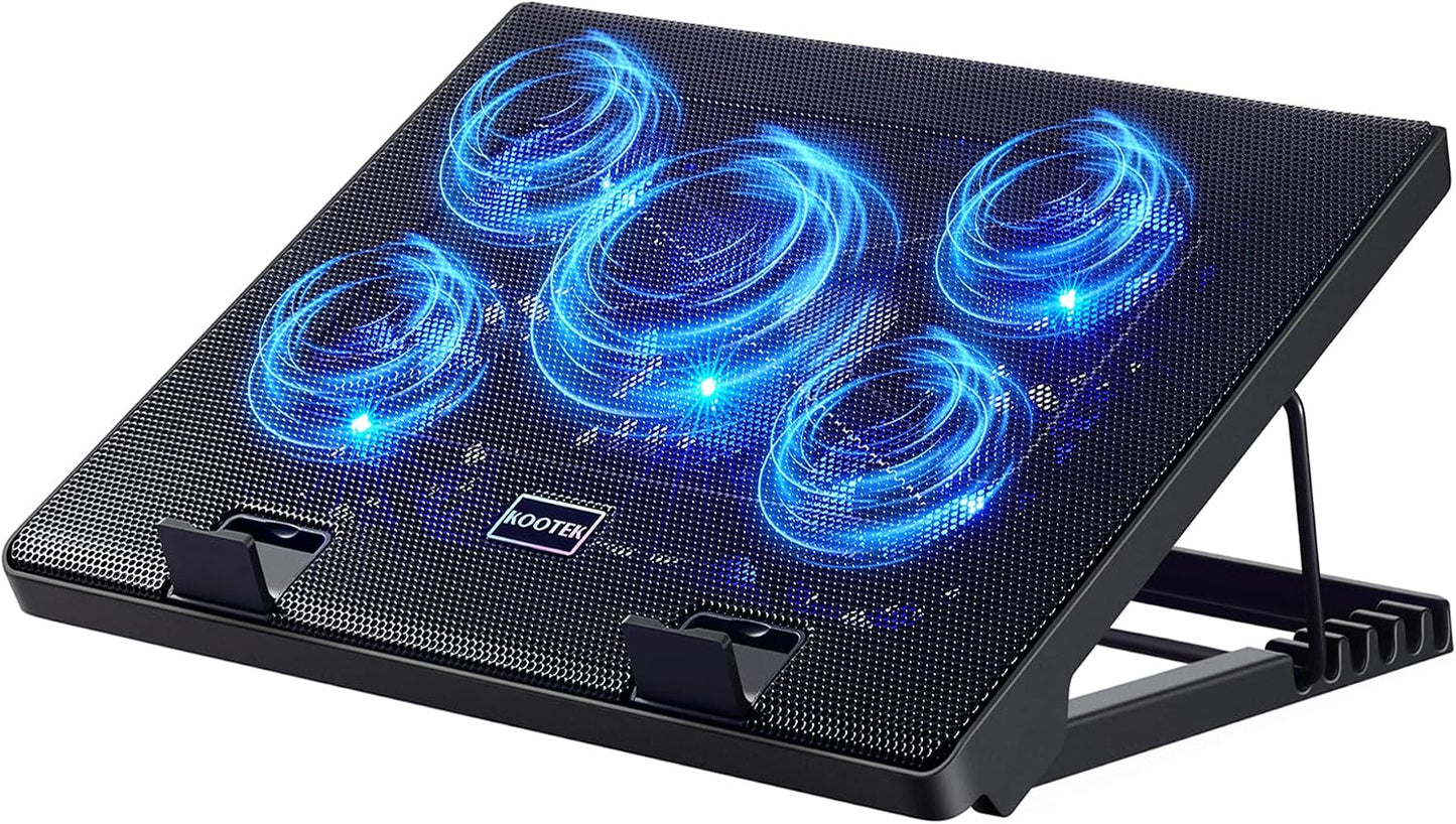 Kootek Laptop Cooling Pad Cooler Stand with 5 Quiet Fans for 12"-17" Laptop | 5 Fans, USB Powered, Laptop Cooling Stand with 2 USB Hub, 6 Adjustable Height, 360° Cooling Coverage, Anti-Slip, Blue LED