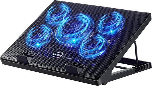 Kootek Laptop Cooling Pad Cooler Stand with 5 Quiet Fans for 12"-17" Laptop | 5 Fans, USB Powered, Laptop Cooling Stand with 2 USB Hub, 6 Adjustable Height, 360° Cooling Coverage, Anti-Slip, Blue LED