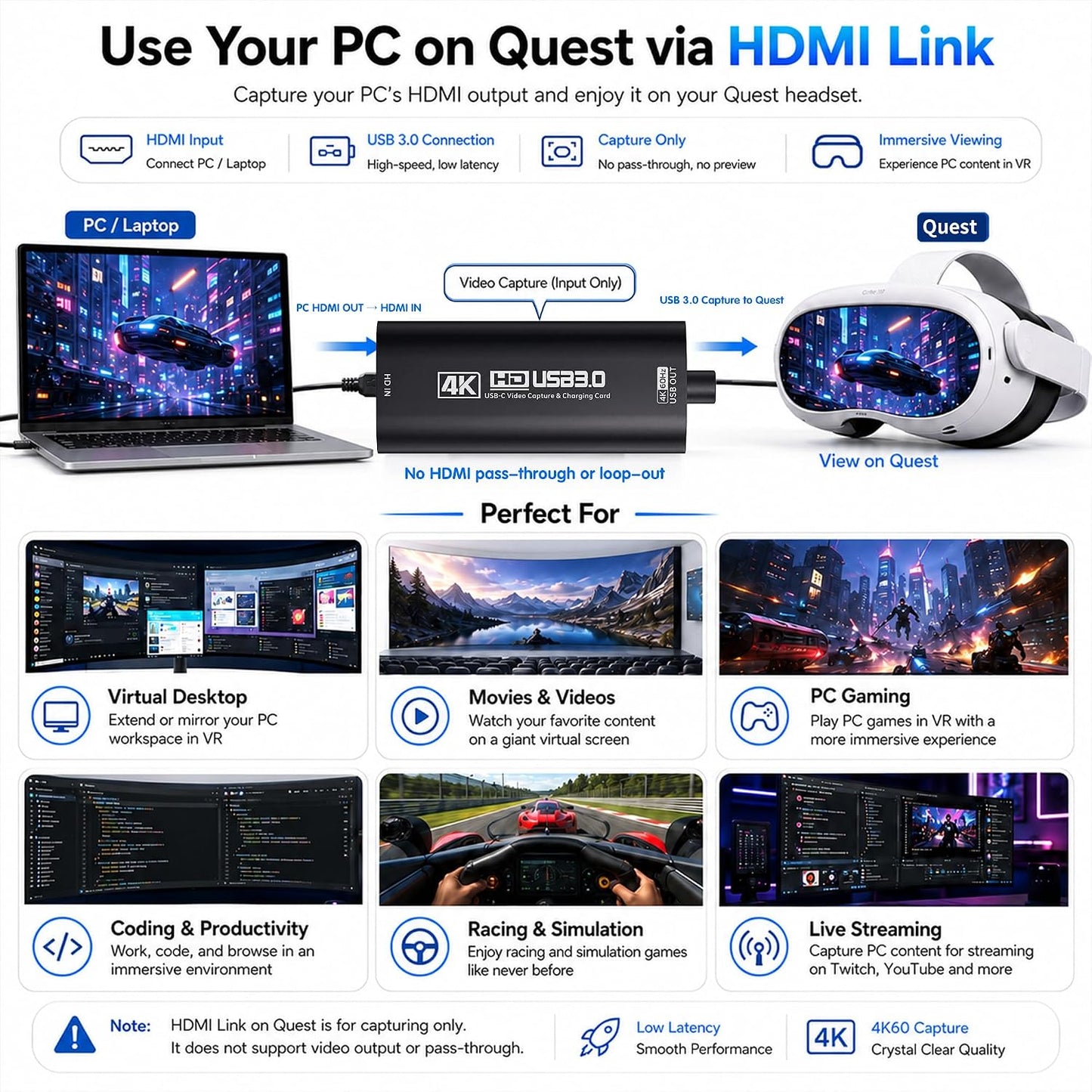 Guermok 4K USB 3.0 HDMI Capture Card for Streaming with PD 100W, 4K@60FPS | 2K@120FPS HDMI to USB C/A Capture Card for Streaming, Works with Pad, Tablet, MacOS, Switch2/1, Laptop, PC, Camera, VR, Black