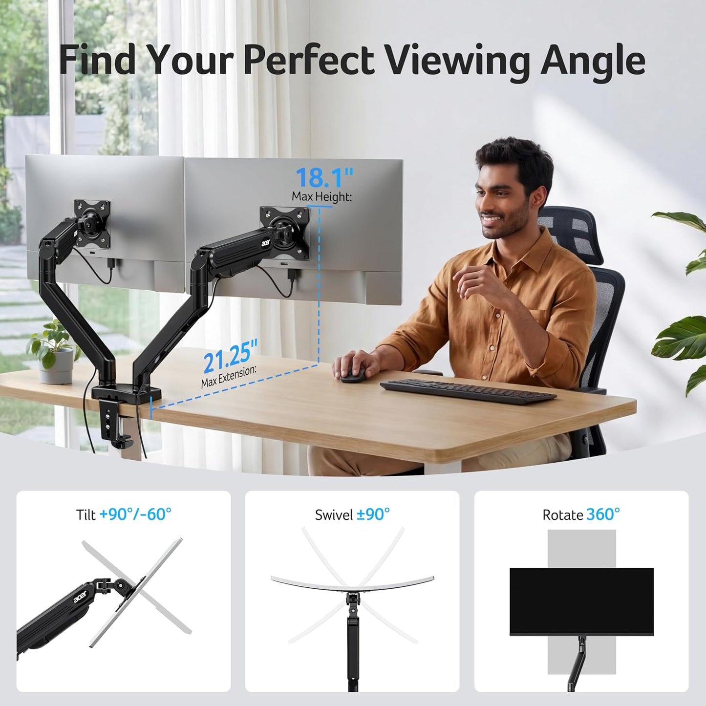 Acer Dual Monitor Arm, Gas Spring VESA Mount Stand for 17-32" Screens | Computer Desk Arm Fully Adjustable VESA 75x75/100x100 with C-Clamp & Grommet Mounting Base, Each Arm Holds 4.4 to 19.8 lbs