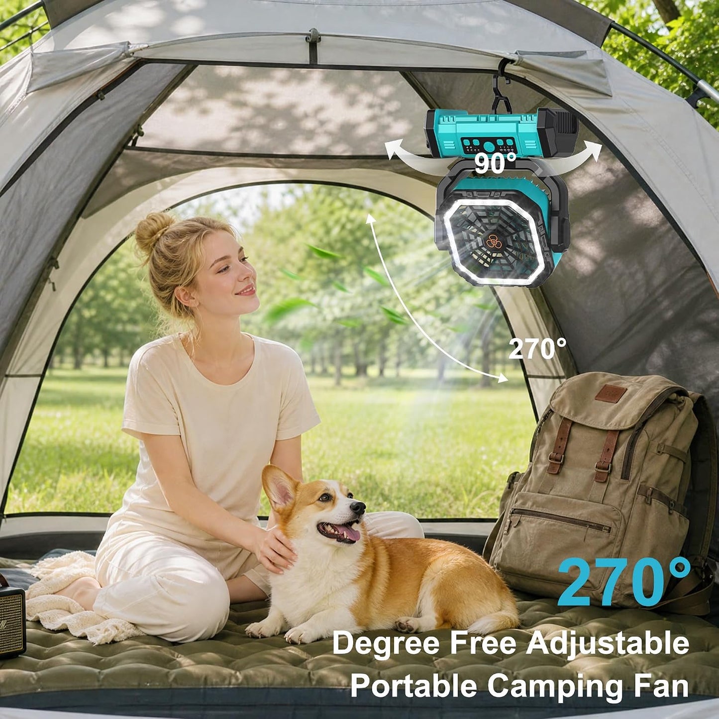 Honesorn 20000mAh Fan Portable Rechargeable with LED Light & Remote, Blue | Up to 60H Runtime, 45°/90°Oscillating, Hanging Hook, 4 Speeds, 8H Timer, USB-C Charging, for Camping, Tent, Travel, Outdoor
