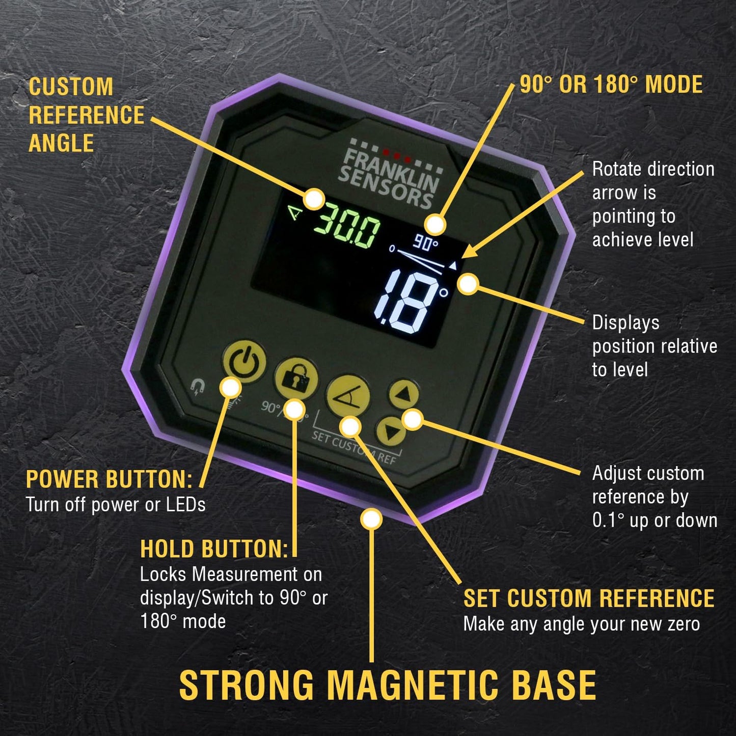Franklin Sensors Light Cube, Digital Angle Gauge and Magnetic Level Tool | Turns Green When Level and Blue at Custom Reference Angles, Finds and Measures at 0 – 90 and 0 – 180 Degrees, Small Level