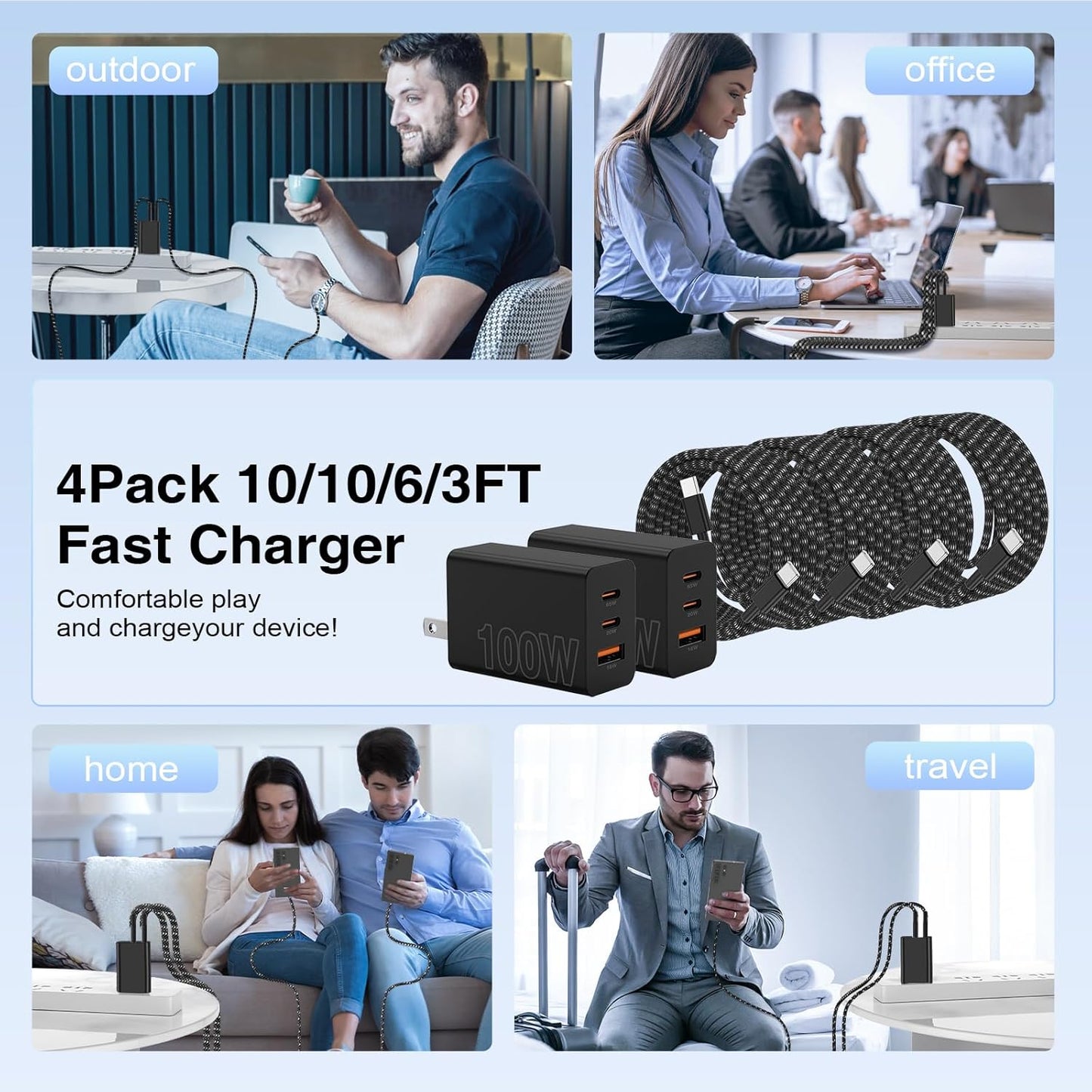 65W Super Fast Charger Type C for Samsung,3 Port 100W PD Quick Charging 3.0 USB C Block & 3/6/10/10FT Braided Type C Cord for Samsung Galaxy S26 Ultra/S26/S25 Ultra/iPhone 17 Pro/MacBook Pro/Air
