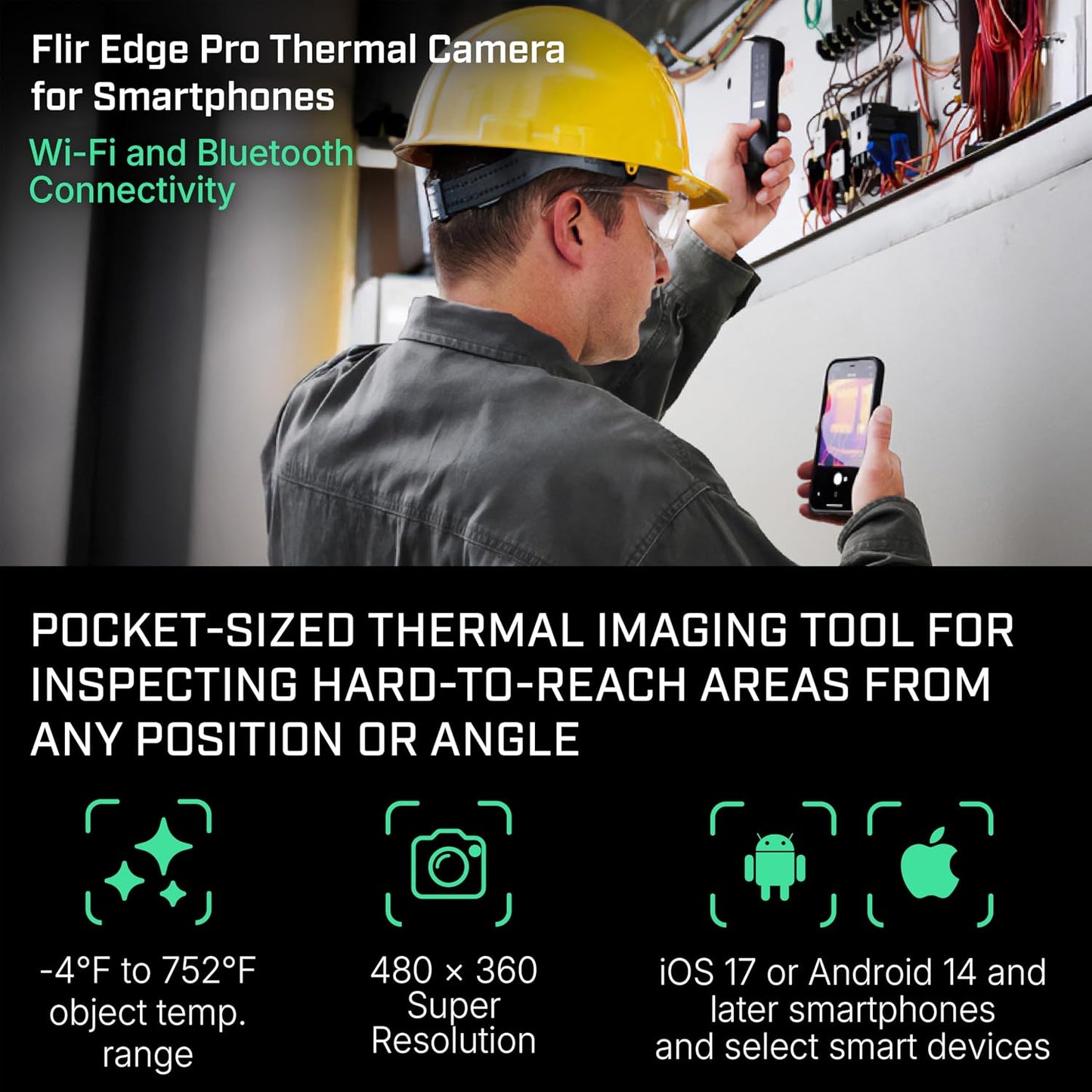 Flir Edge Pro Wireless Thermal Imaging Camera, iOS/Android, 480x360 | Bluetooth, MSX, 160x120 native IR, smartphone/tablet, IGNITE cloud, 2m drop, USB cable