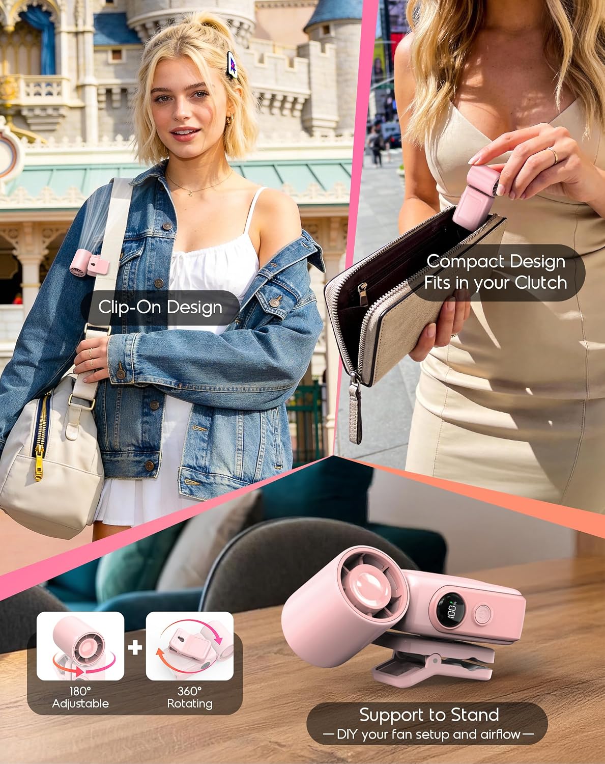 Portable Clip-On Mini Fan, Personal Handheld Fan for Stroller w/ LED Screen | Hands-Free, 360°Rotatable Clip, Turbo 13500RPM,4 Wind,USB Rechargeable, Travel Lash Beach Concert Ideal, Gifts for Women Girl