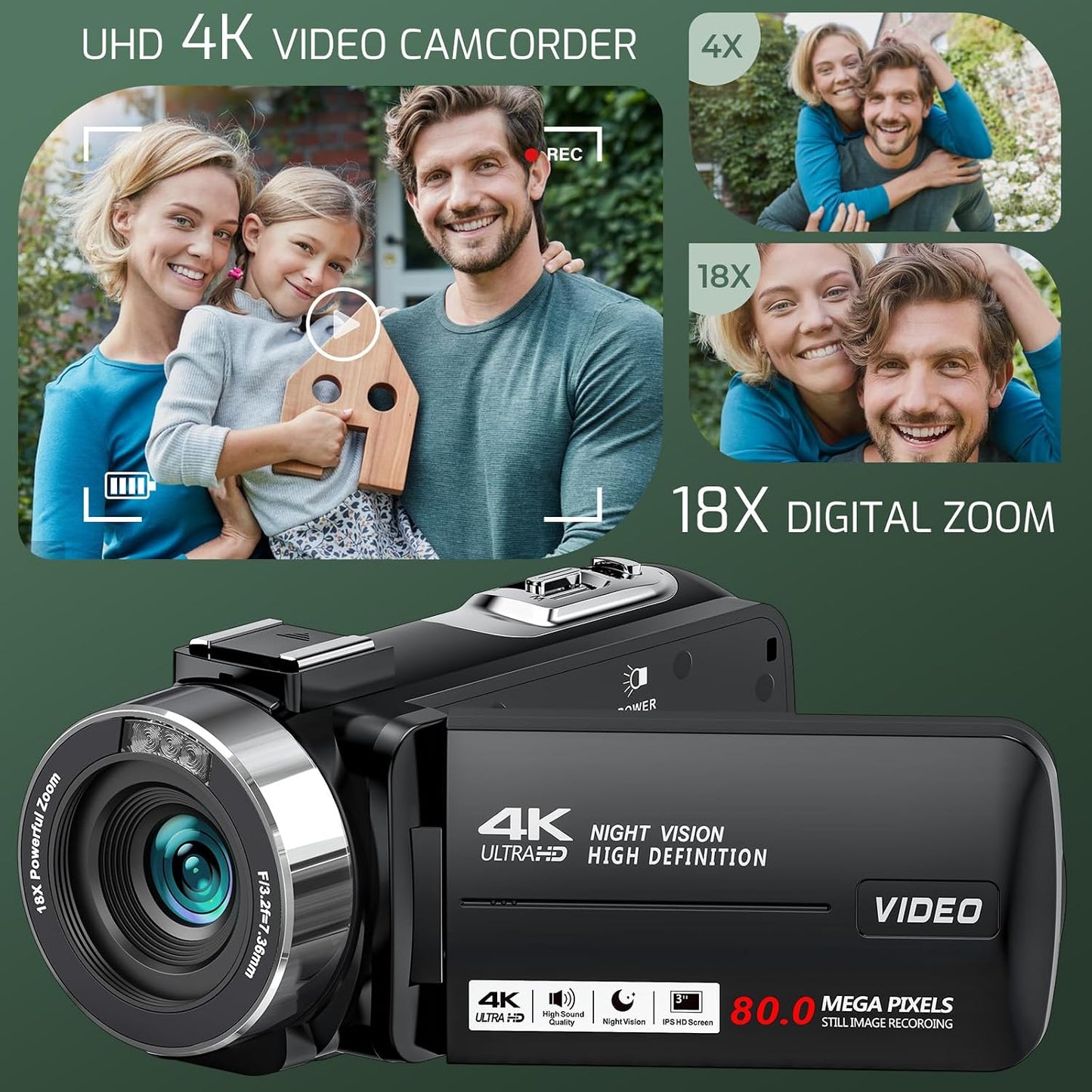 4K Video Camera Ultra HD 80MP Camcorder for YouTube Vlogging Webcam | 18X Digital Zoom, 3.0" 270° Rotatable IPS Screen, IR Night Vision, Video Recorder With 32GB SD Card, Lens Cap & 2 Batteries