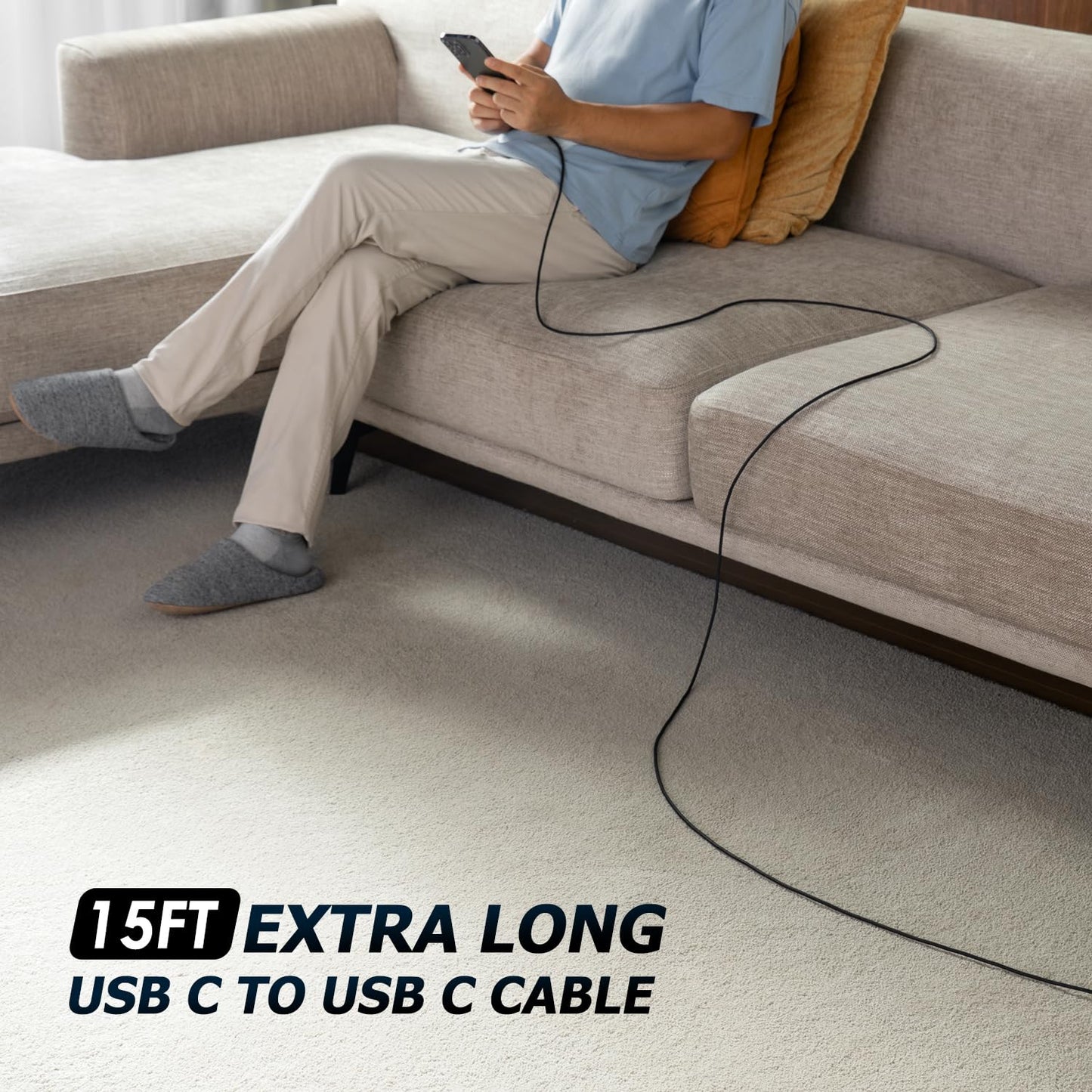 Extra Long USB C to USB C Cable 15FT 100W Type C Charger Fast Charging Cord | Heavy Duty Nylon Braided Charging Cable for iPhone 17 Pro Max 16 15, iPad Pro, Air, Mini, MacBook, Samsung, Tablet and Laptop
