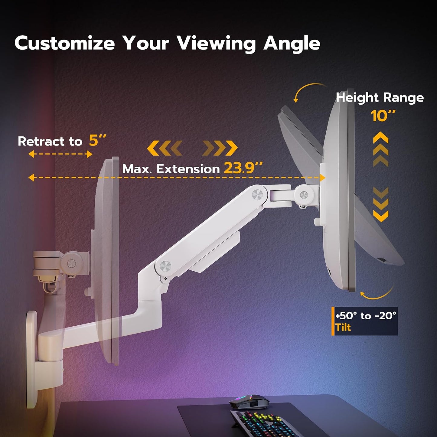 ARES WING Wall Mount Monitor Arm for 17-49 Inch Ultrawide Screens, White | Heavy Duty Single Monitor Arm Holds 44 lbs, Fully Adjustable Gas Spring Monitor Wall Mount, 75x75/100x100 VESA Mount