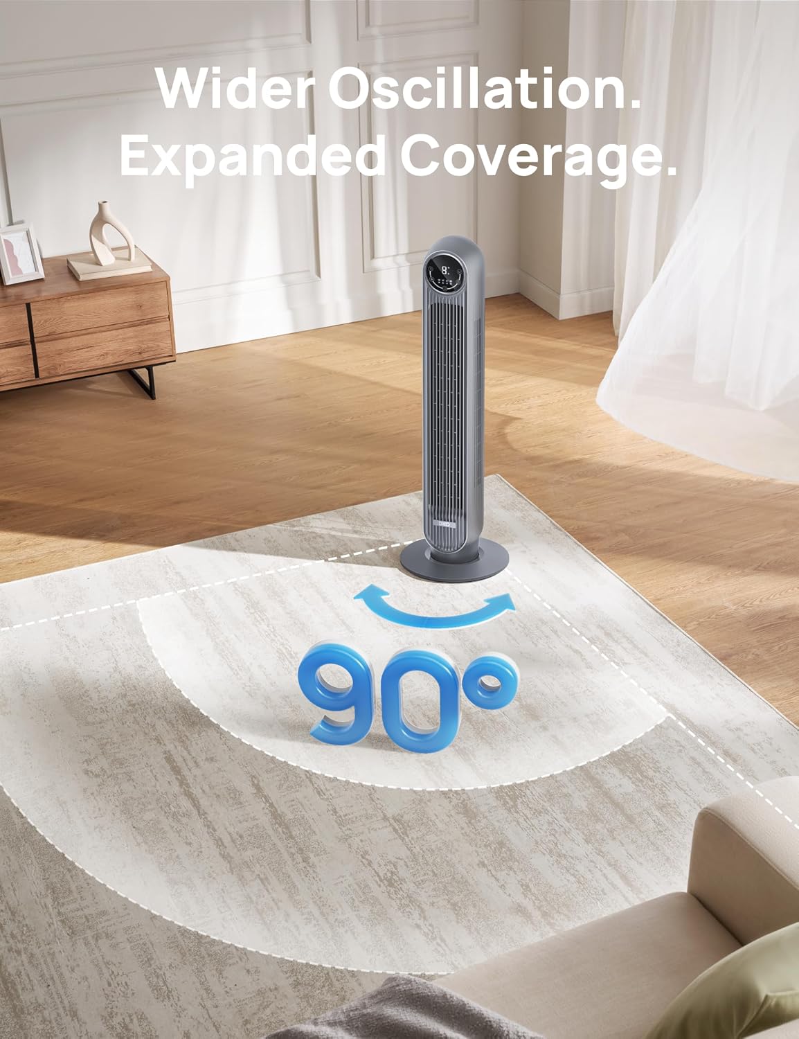 DREO Tower Fan for Bedroom, 25ft/s Velocity Quiet Floor Fan, 90° Oscillating Fans for Indoors with 4 Speeds, 4 Modes, 8H Timer, Bladeless Fan, Standing Fans, Grey, Tower Fan 307 (DR-HTF007)