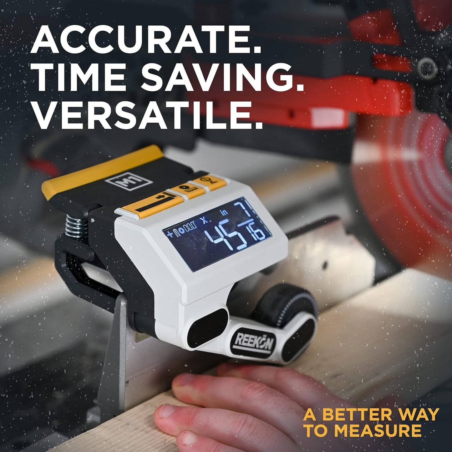 REEKON M1 Caliber Digital Measuring Tool for Miter Saws | Eliminates Tape Measure & Pencil, Fast Repeatable Cuts, English & Metric Display, Broad Saw Compatibility, Job Site Ready