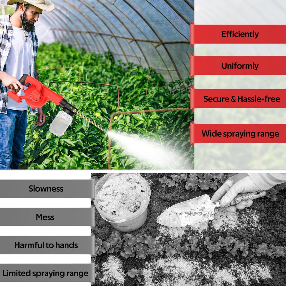 Rozlchar Electric Diatomaceous Earth Duster Compatible for Milwaukee 18V | 1L Capacity, Garden powder sprayer, 7.5" nozzle, tool only, leaf blower replacement, farm applicator, coop applicator